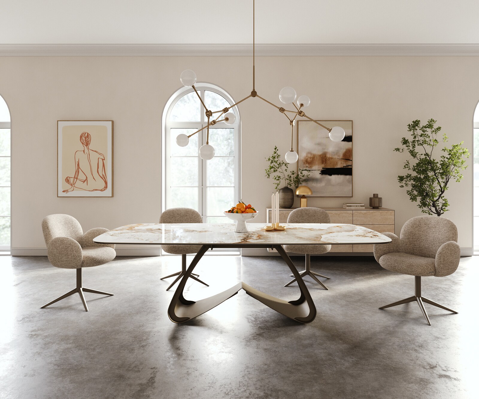 Table à manger Edge Boot 240x120 cm Céramique Minas Melange Blanc-Beige piètement en W Métal Finition effet Titan 2