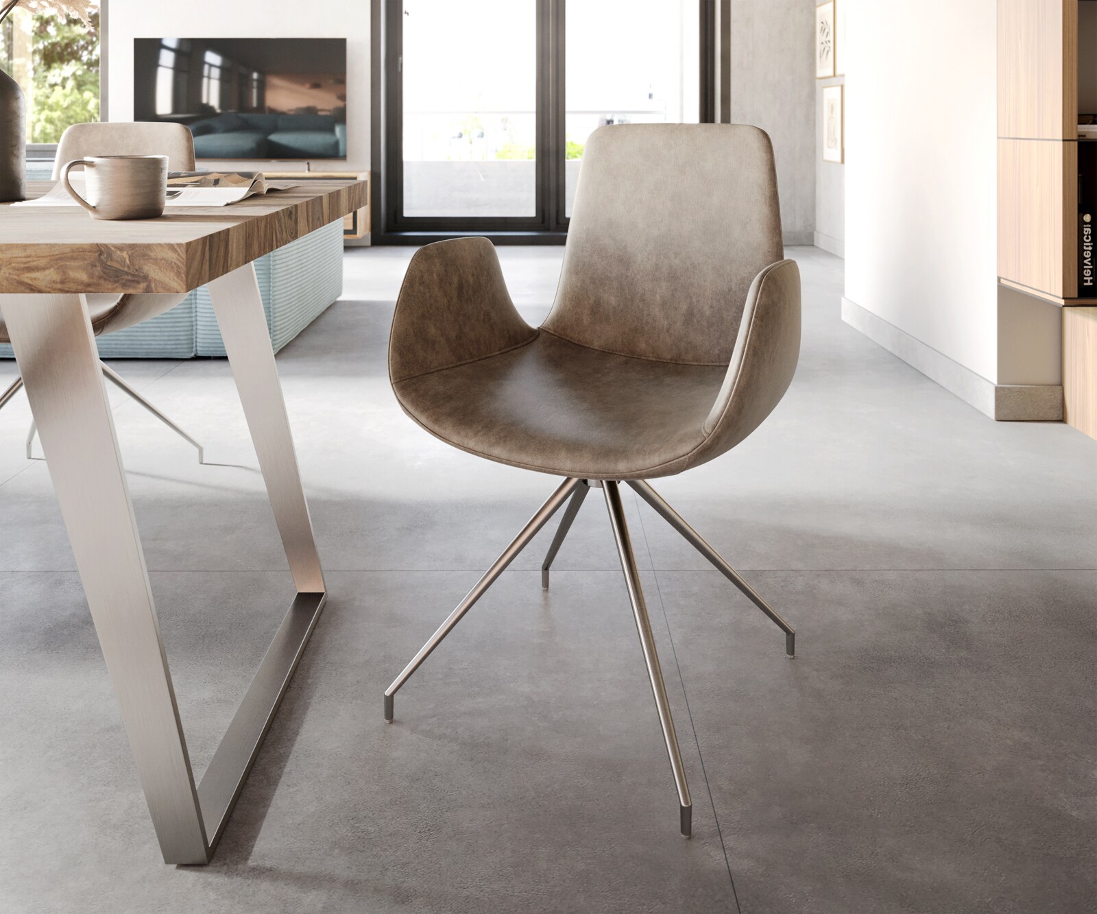 Chaise-de-salle-à-manger Ilia-Flex avec accoudoirs microvelours taupe vintage pied croisé conique acier inoxydable brossé
