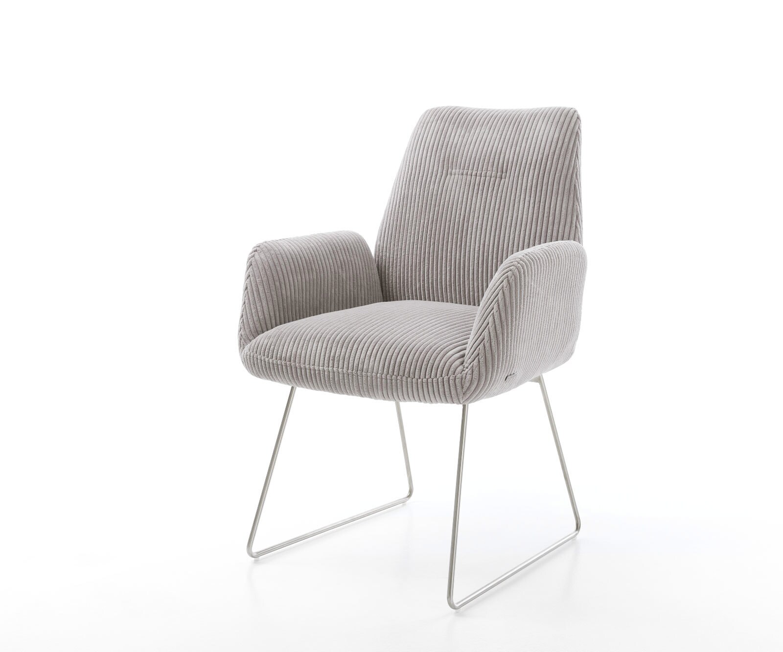 Chaise-de-salle-à-manger Zoa-Flex côtelé gris argenté pied trapèze acier inoxydable brossé ressorts ensachés