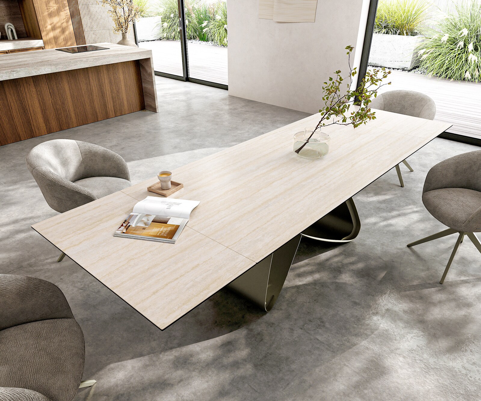 Table à manger Edge 200-300x100 céramique Laminam® Travertino Bianco crème-blanc cadre en W effet finition titanee extensible 4