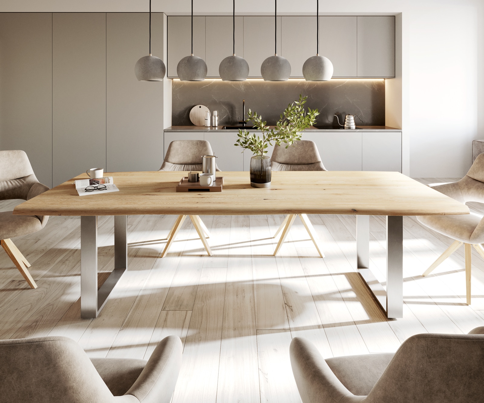 Table-à-manger Edge 260x100x2,5-3 chêne nature acier inoxydable mince Live-Edge 1 Table-à-manger Edge 260x100x2,5-3 chêne nature acier inoxydable mince Live-Edge 1