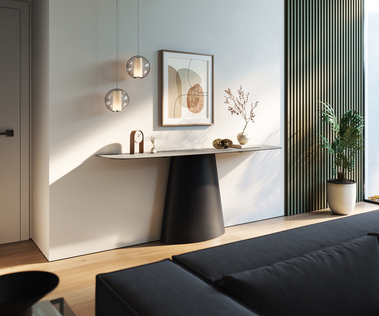 Console Edge forme bateau 180x40 cm Céramique Gris béton Conos Métal Noir 7