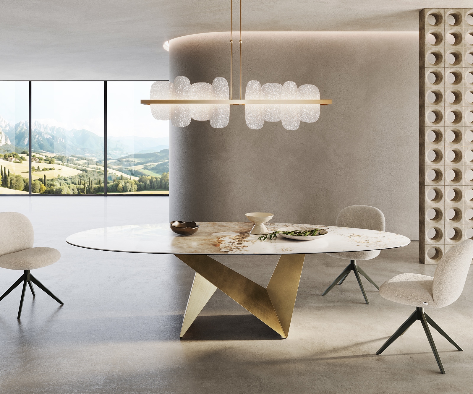 Table à manger Edge ovalee 280x130 céramique Minas mélange blanc-beige Origami métallique doré 1