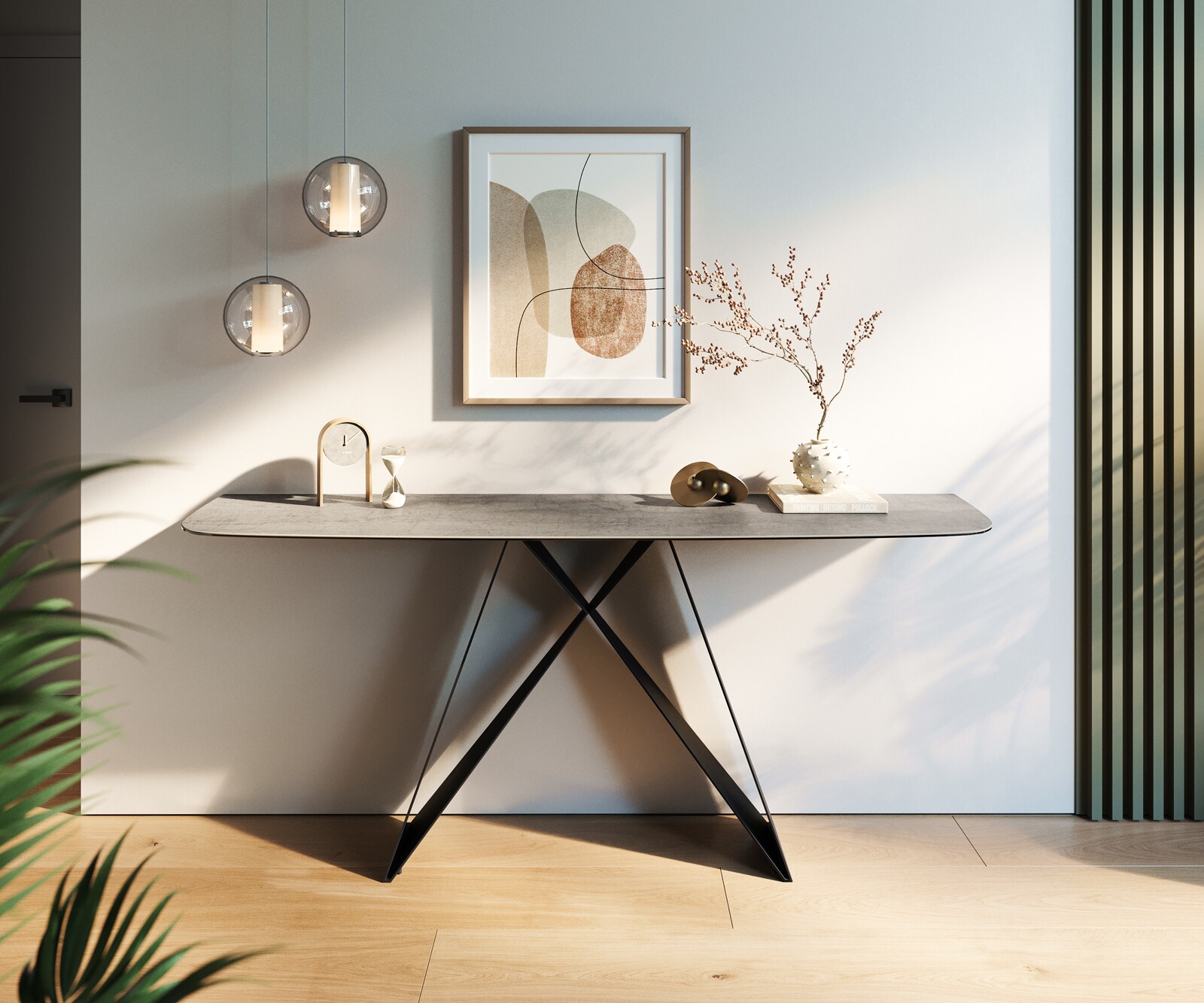Console Edge forme bateau 180x40 cm Céramique Gris béton Velio Métal Noir 2