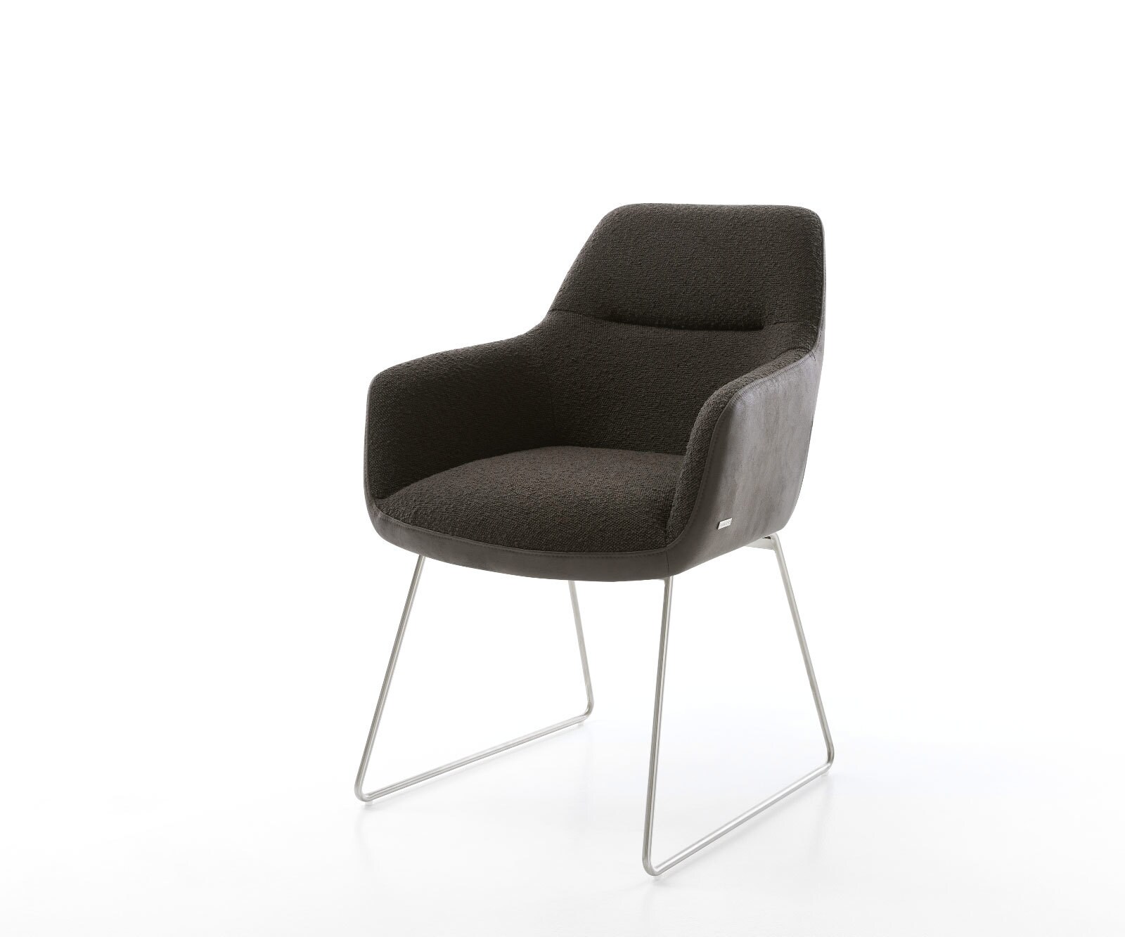 Chaise-de-salle-à-manger Pejo-Flex tissu mixte noir pied trapèze acier inoxydable brossé ressorts ensachés