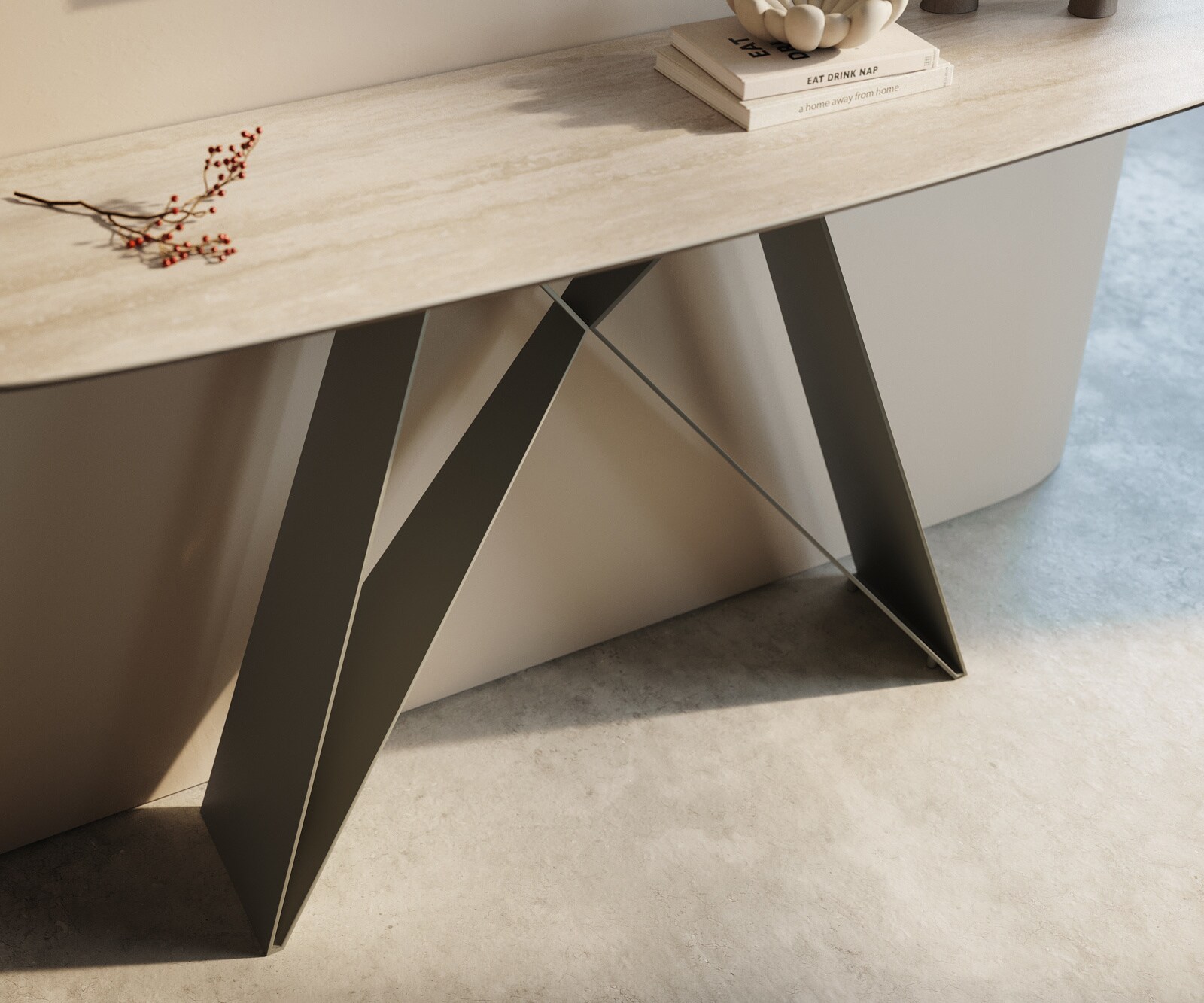 Console Edge forme bateau 140x40 cm Céramique Laminam® Travertino Bianco Creme-Weiß Velio Métal Effektfinish Titan 6