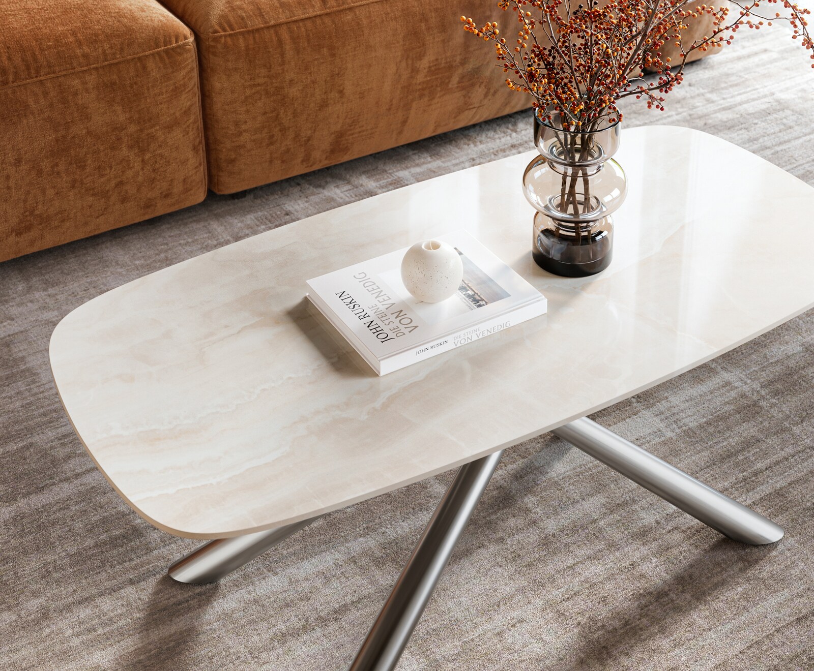 Table basse Edge forme bateau 100x50 cm céramique Onyx Champagne Sarity acier inoxydable brossé 4