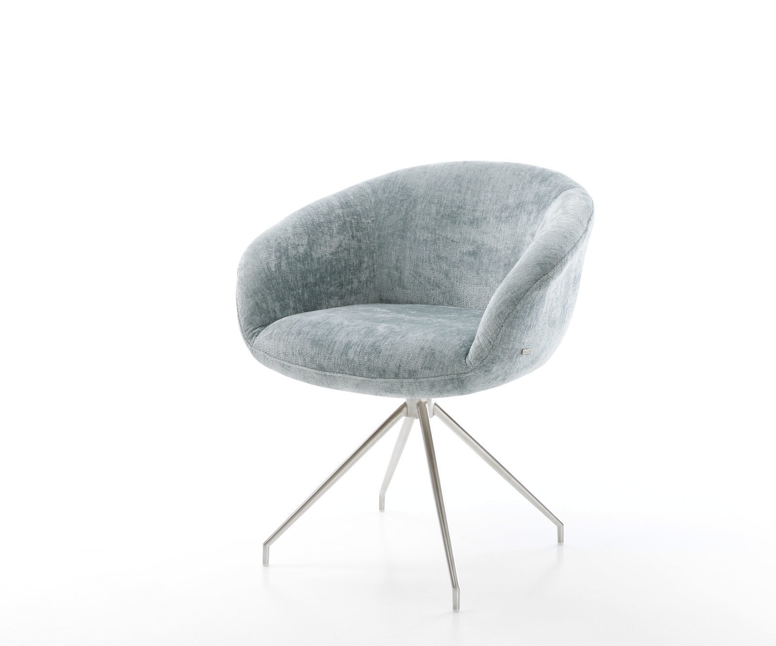 Chaise-pivotante Vinka-Flex avec accoudoirs chenille bleu pastel pied croisé conique acier inoxydable brossé pivotement sur 180° ressorts ensachés
