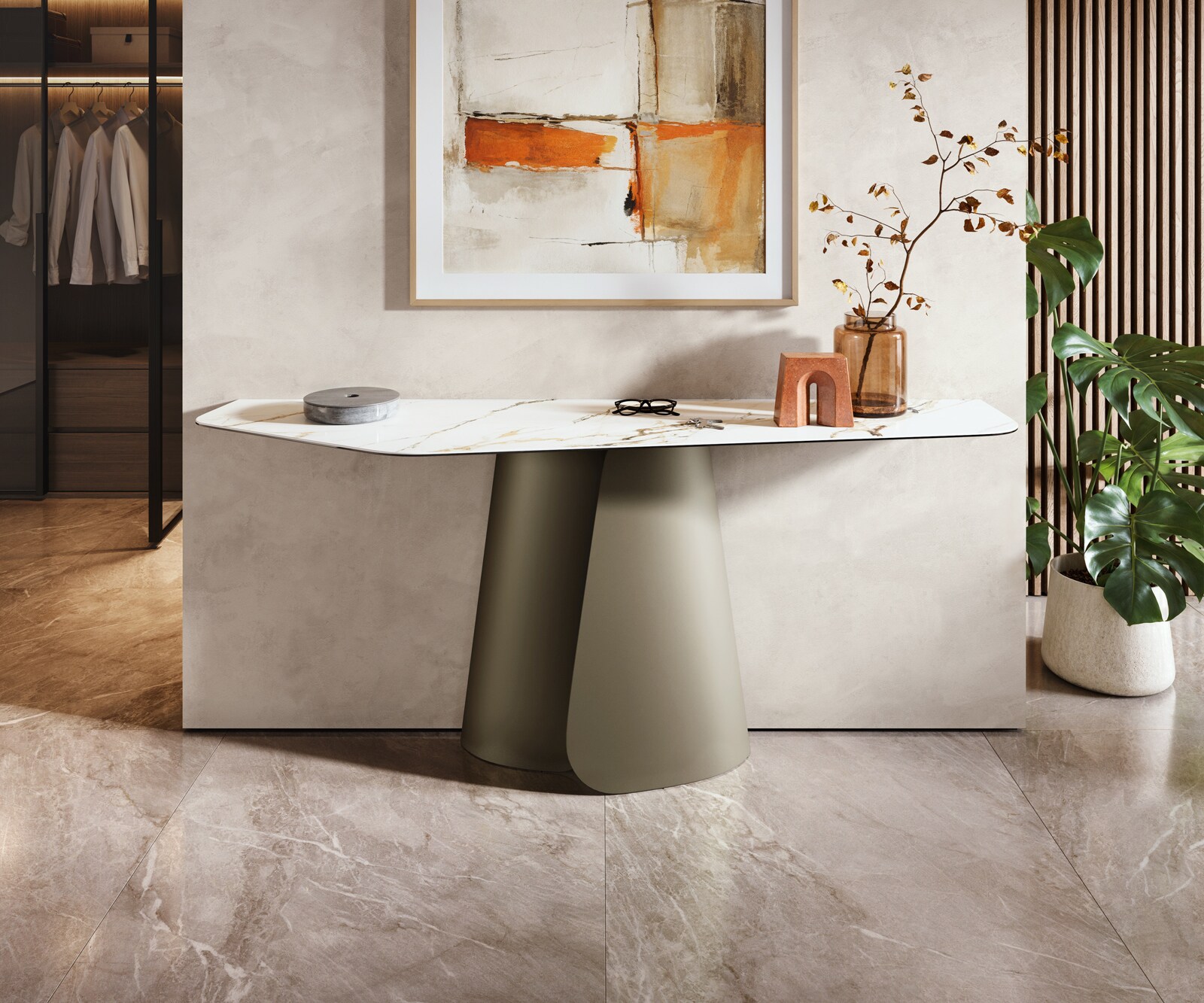 Console Edge Polygonal 180x50 cm Céramique Calacatta Luxe Weiß-Gold-Gris Livos Métal Effektfinish Titan 3