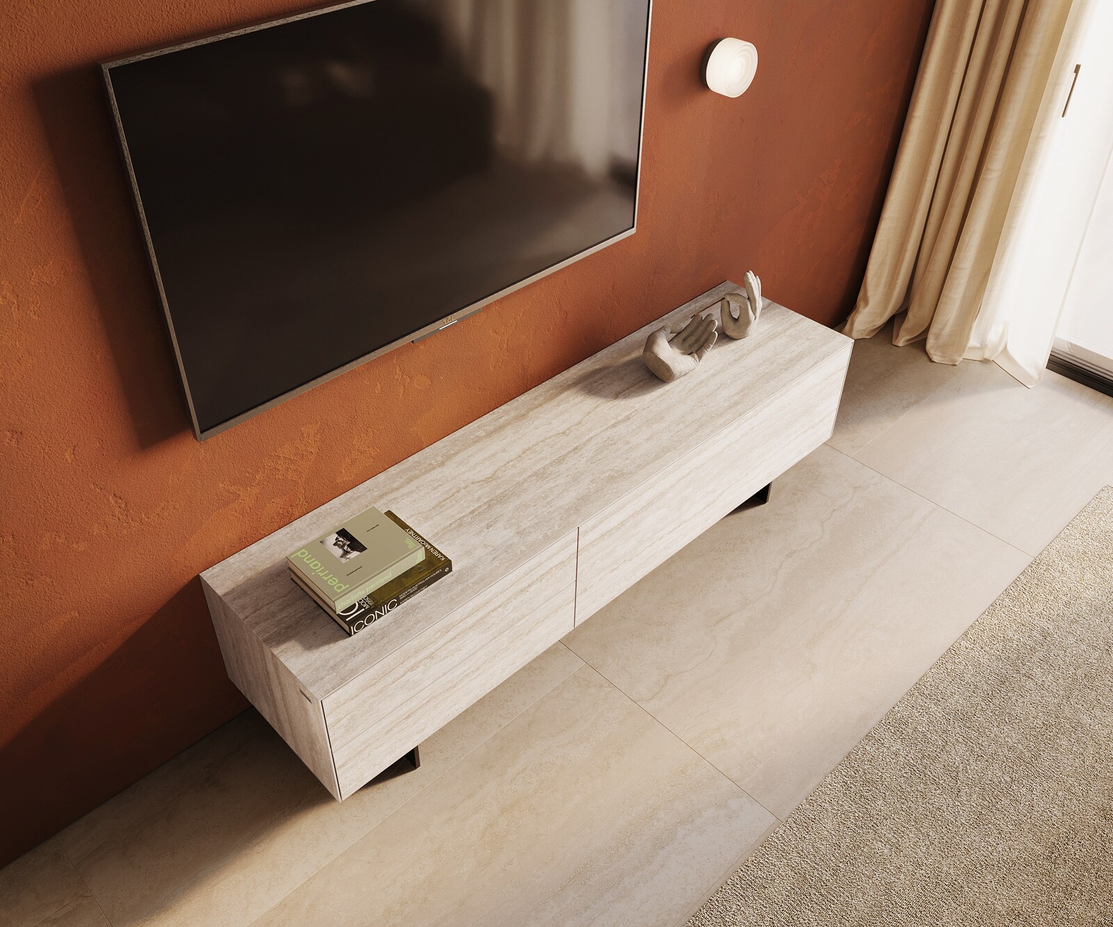 Meuble-TV Cuor 180 cm Céramique Laminam® Travertino Bianco Crème-blanc 1 Clapet 2 Tiroirs Pied optique flottant Métal Noir 3