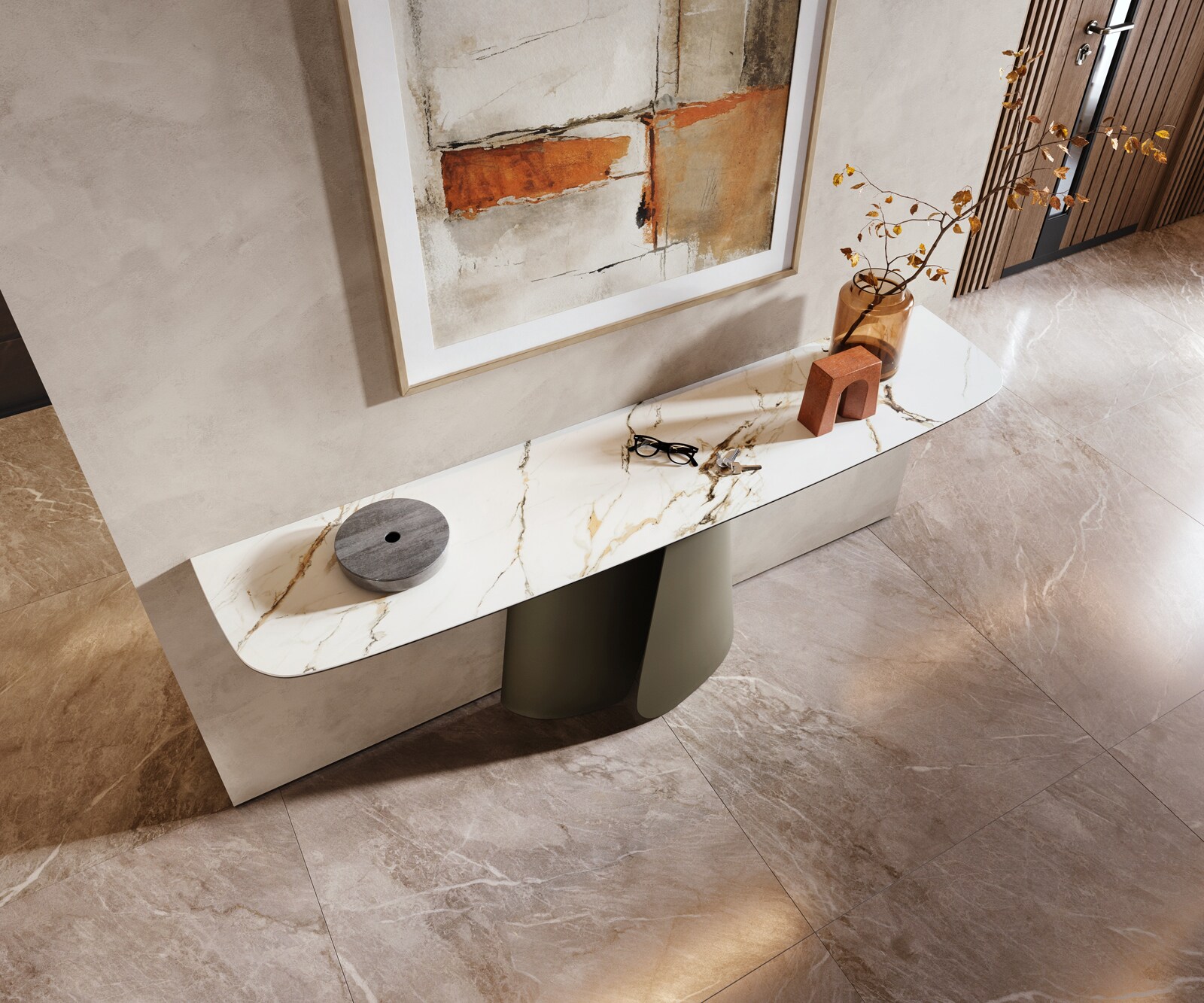 Console Edge forme bateau 180x40 cm Céramique Calacatta Luxe Weiß-Gold-Gris Livos Métal Effektfinish Titan 2