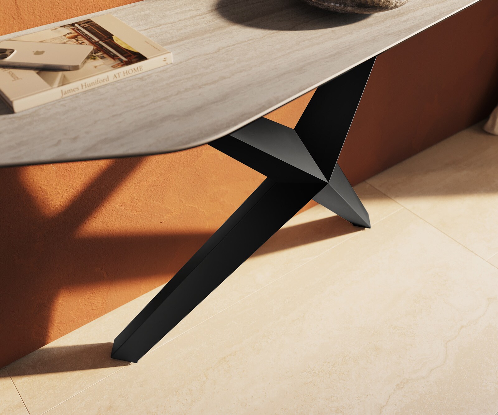 Console Edge Polygonal 180x50 cm Céramique Laminam® Travertino Bianco Creme-Weiß Zentharo Métal Noir 5