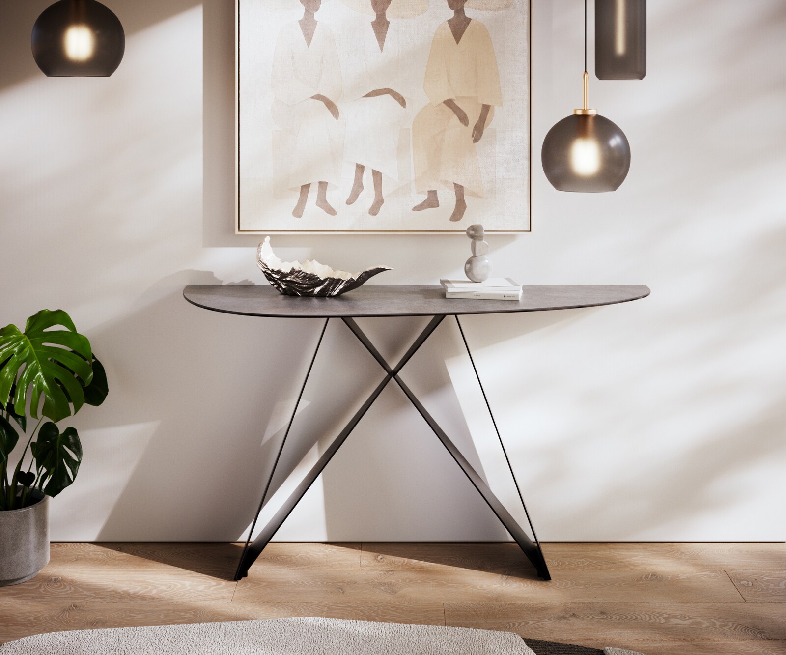 Table console Edge Oval 140x40 cm Céramique Béton Gris Velio Métal Noir 1