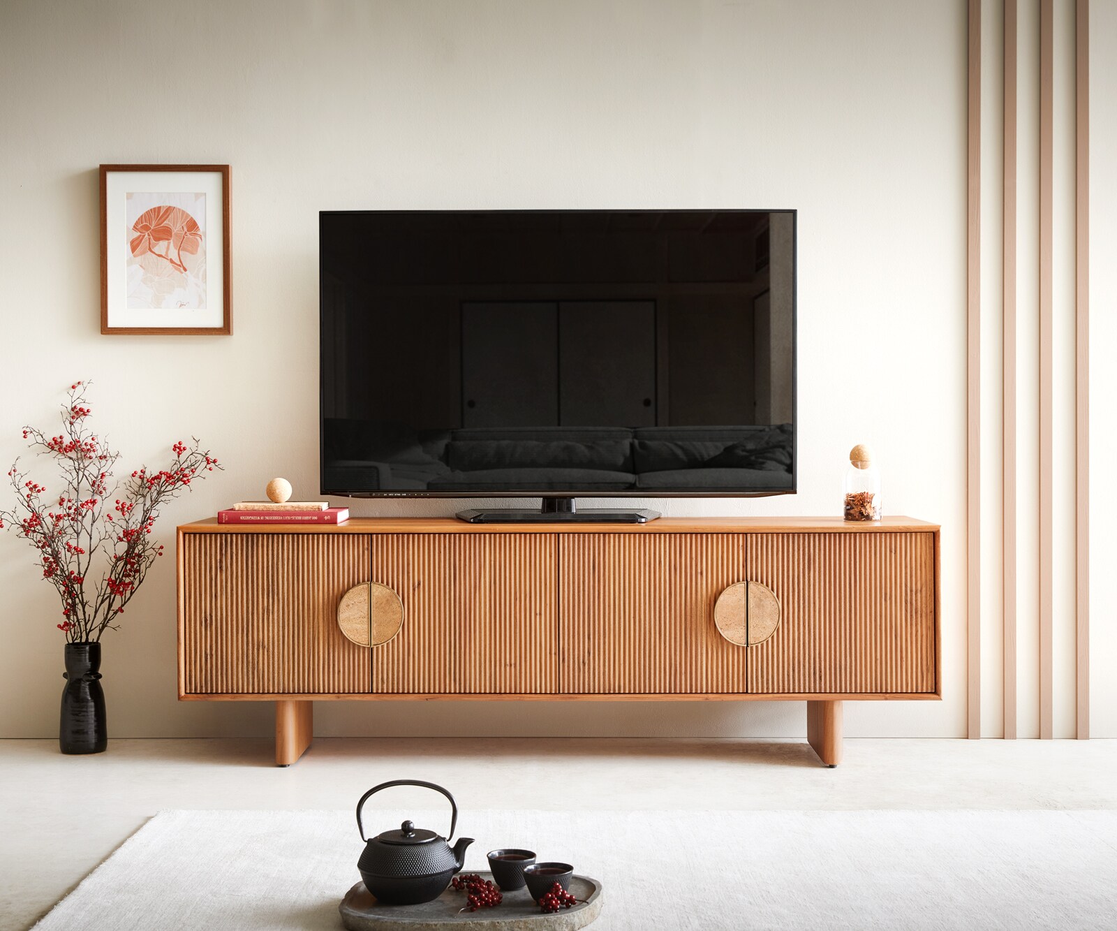Meuble-TV Surimu 175 cm acacia brun clair 4 portes liège-poignée pieds en bois 1
