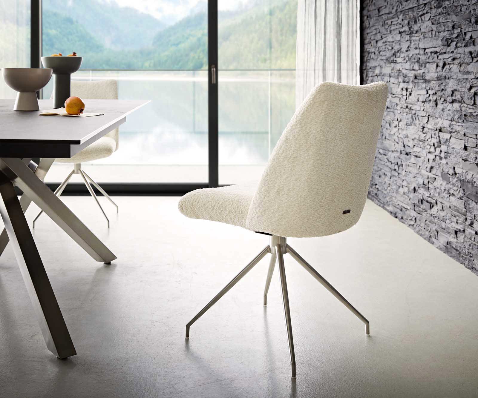 Chaise-pivotante Elso-Flex bouclé blanc pied croisé conique acier inoxydable brossé pivotement sur 180° ressorts ensachés 4