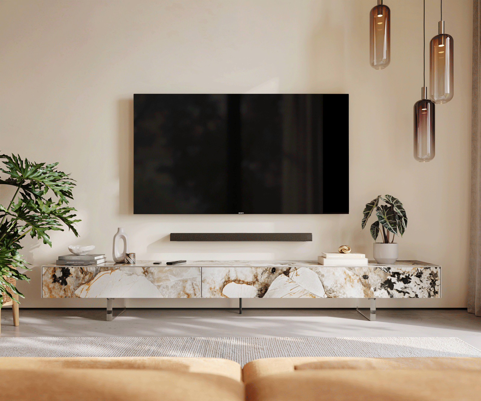 Meuble-TV Cuor 250 cm Céramique Patagonia raffinée 1 Clapet 1 Tiroir Pied optique flottant Verre acrylique 2