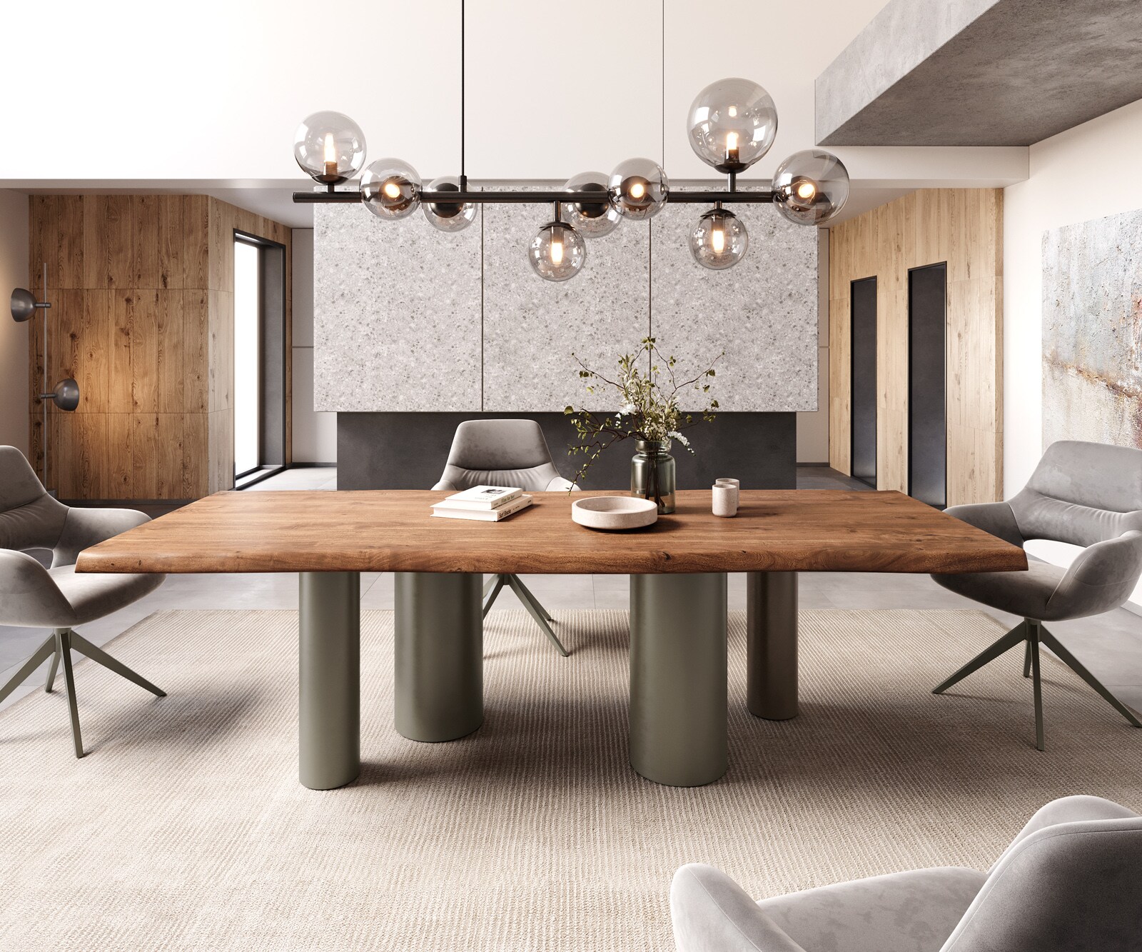 Table à manger Edge 260x100 XL Acacia Marron Pilier Métal finition à effet Titane Live-Edge 2