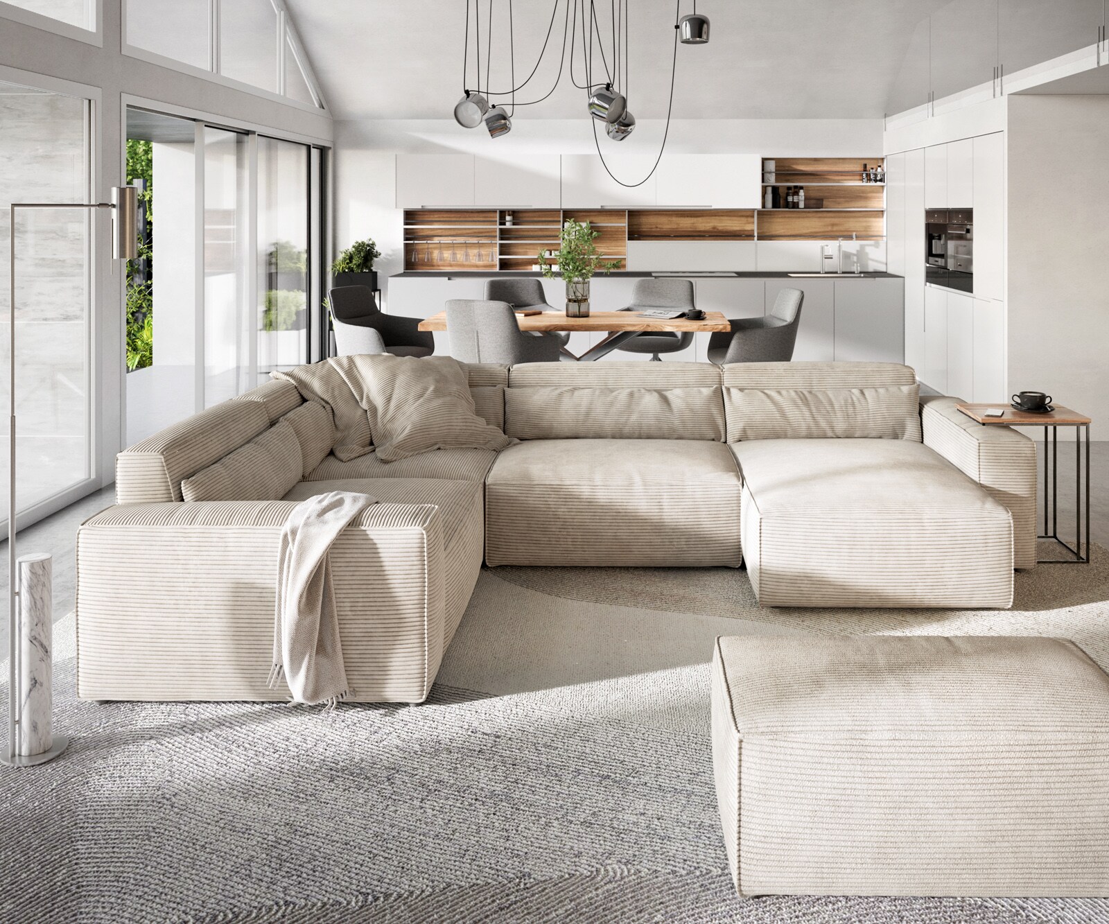 Canapé panoramique Sirpio 300x210 cm Velours côtelé Beige Recamiere variable avec Tabouret 1