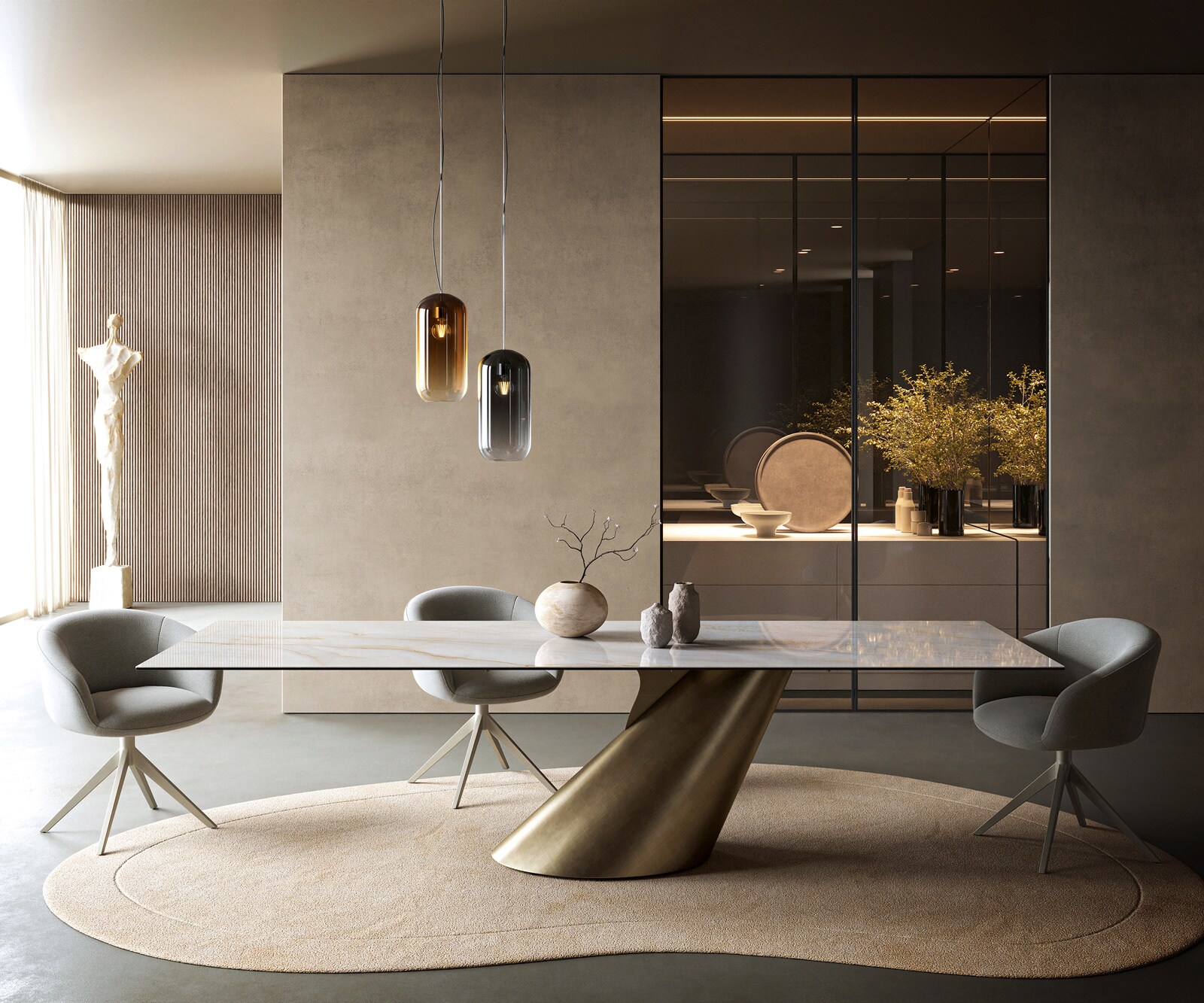 Table à manger Edge 300x100 cm céramique Onyx Pearl Cono métal doré 2