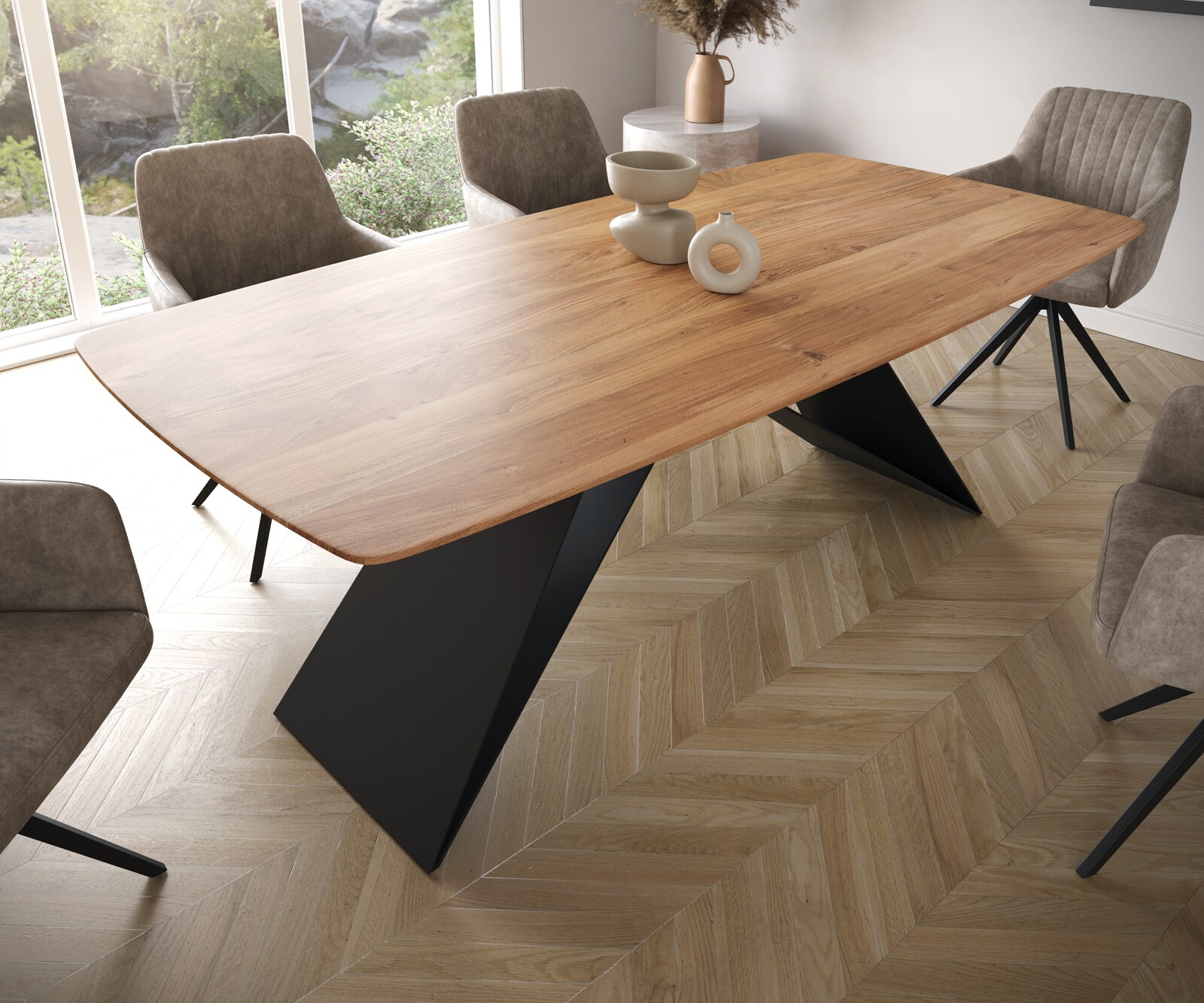 Table à manger Edge Boot 200x100 acacia nature cadre en V acier plat noir bord suisse 3