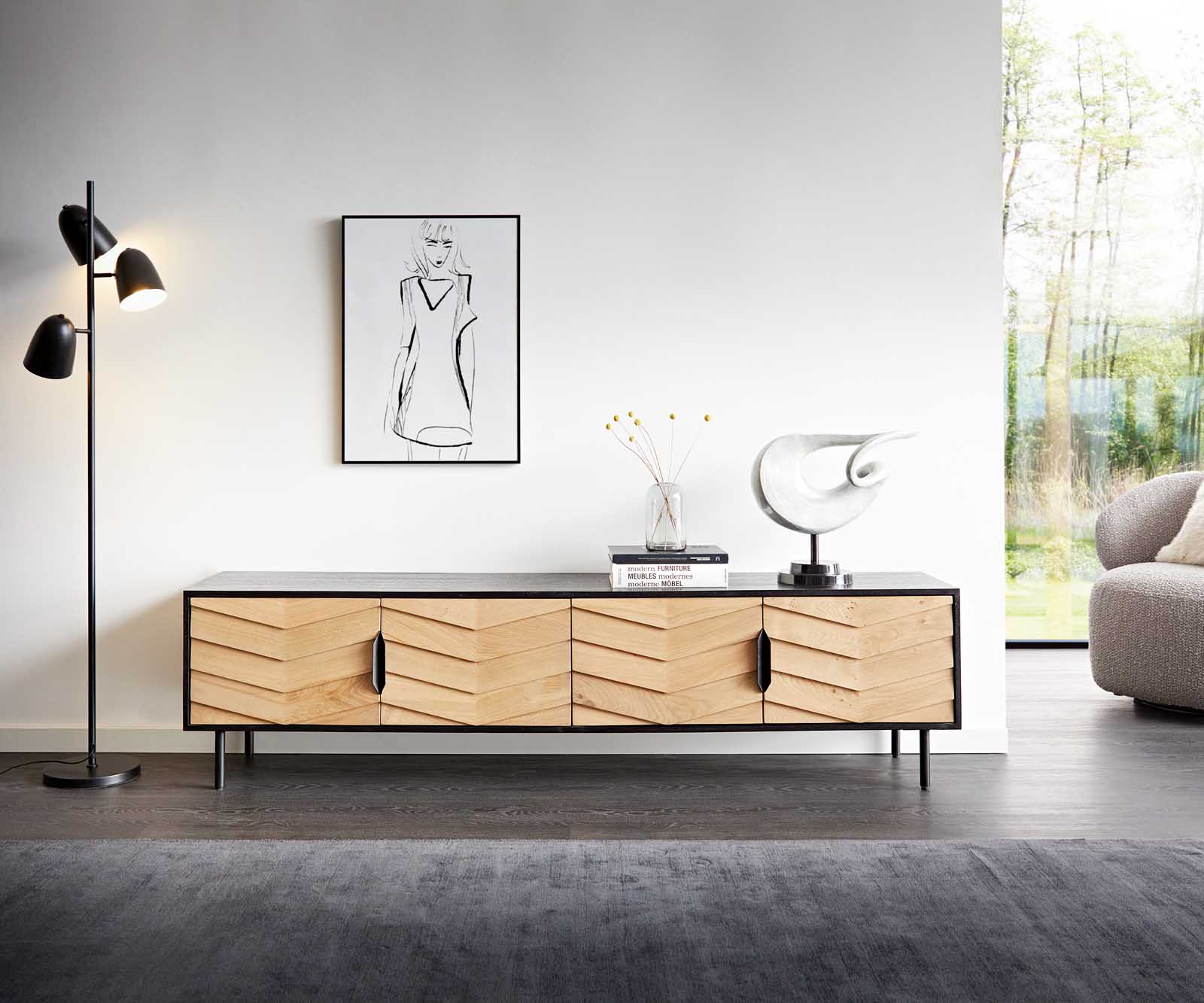 Meuble-TV Muvi 200 cm chêne naturel manguier noir métal noir 4 portes 2
