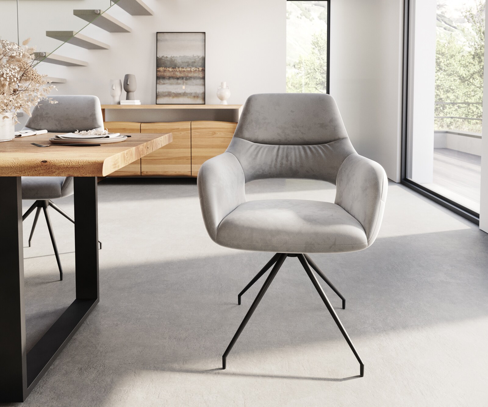 Chaise-de-salle-à-manger Yago-Flex avec accoudoirs velours gris pied croisé conique noir ressorts ensachés 1 Chaise-de-salle-à-manger Yago-Flex avec accoudoirs velours gris pied croisé conique noir ressorts ensachés 1