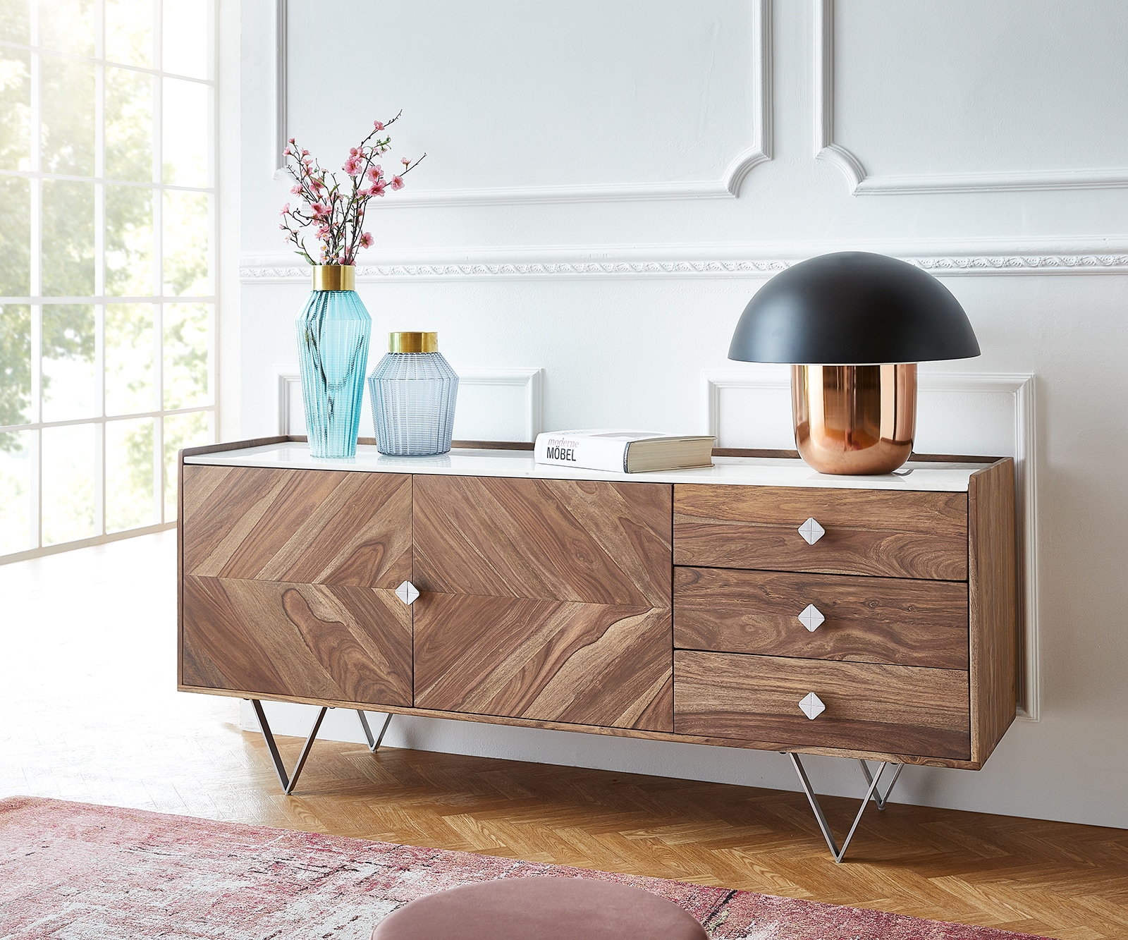 Buffet Pacino 175 cm sheesham nature plaque de pierre blanche Buffet Pacino 175 cm sheesham nature plaque de pierre blanche
