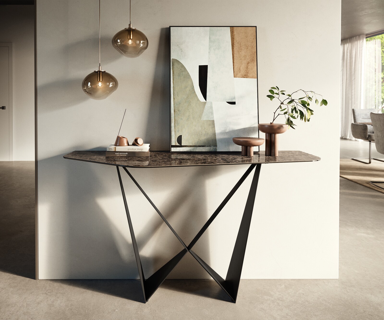 Console Edge Polygonal 140x50 cm Céramique Emperador Extra Lucidato Dunkelbraun Spios Métal Noir