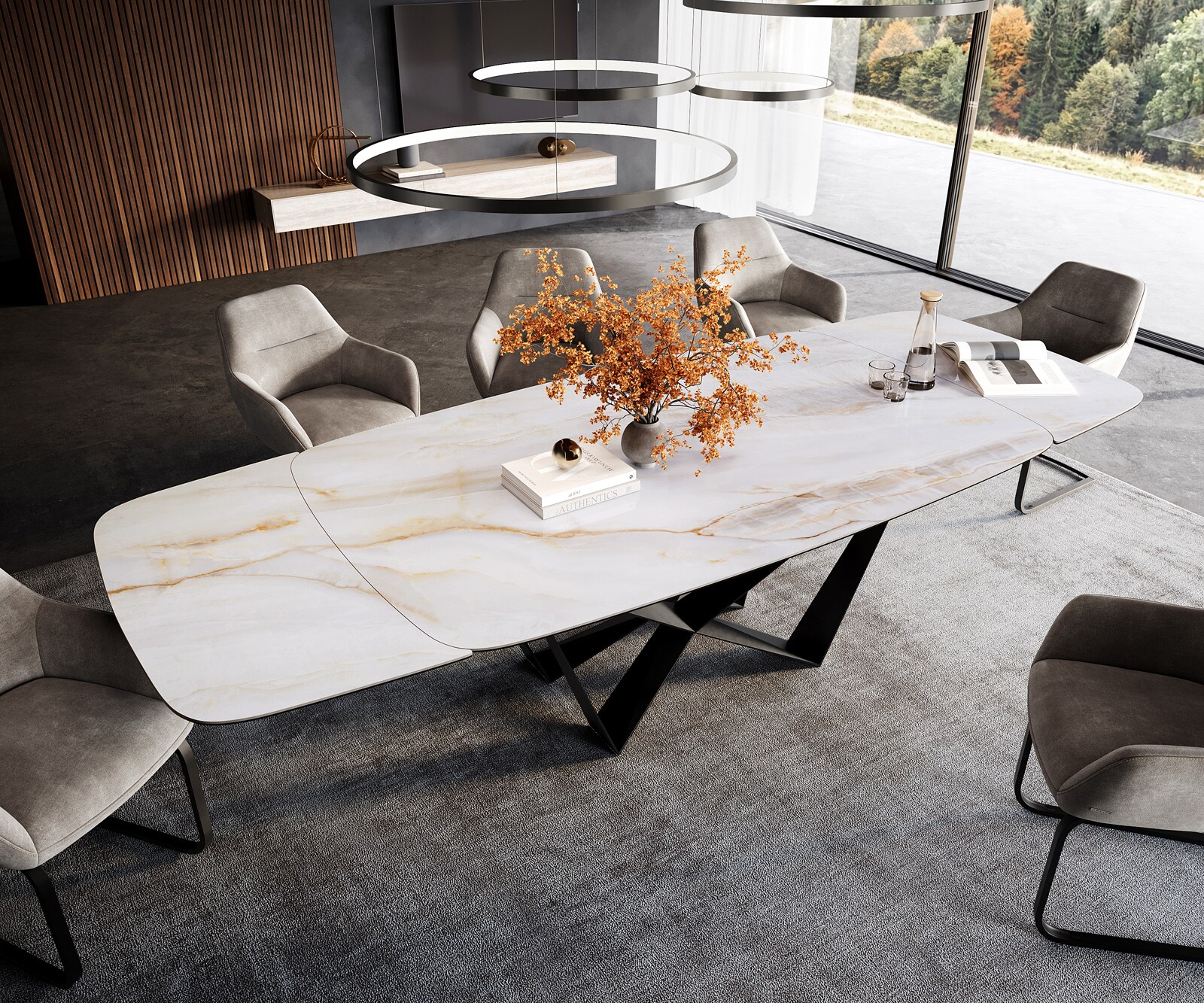 Table à manger Edge forme bateau 200-300x120 cm céramique Onyx Pearl Spider acier plat noir extensible 4