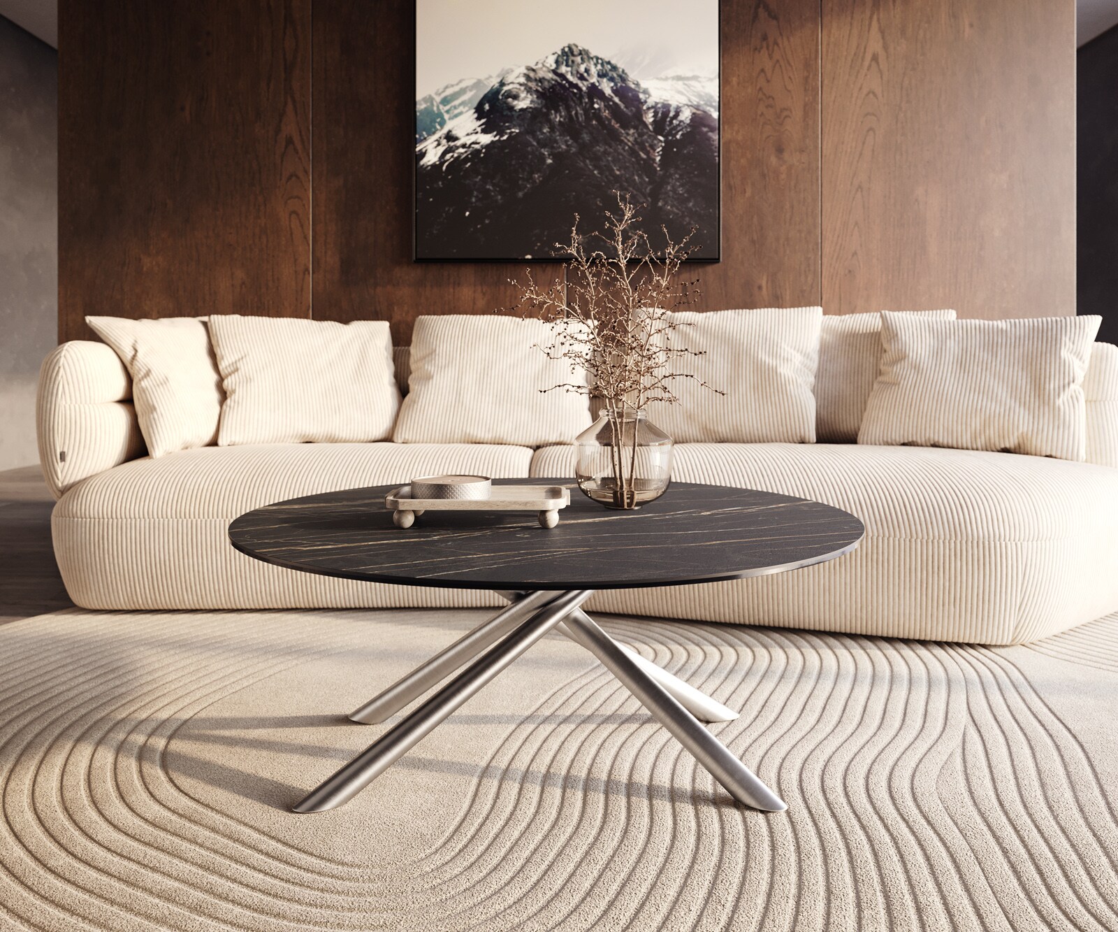 Table basse Edge rond 100x100 cm céramique Laminam® Noir Desir brun Sarity acier inoxydable brossé 6