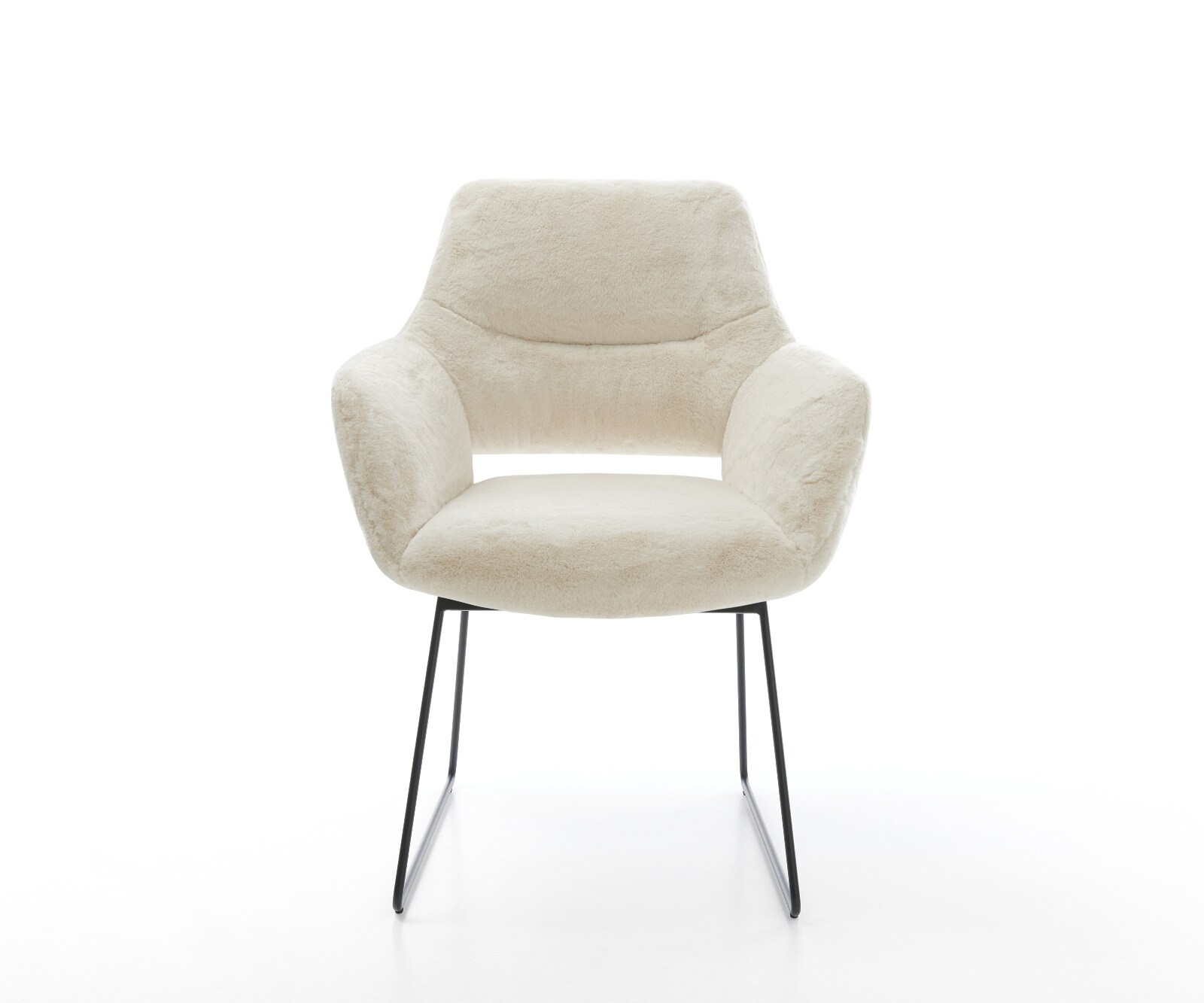 Chaise-de-salle-à-manger Yago-Flex avec accoudoirs peluche crème-blanc pied trapèze noir resorts ensachés 2