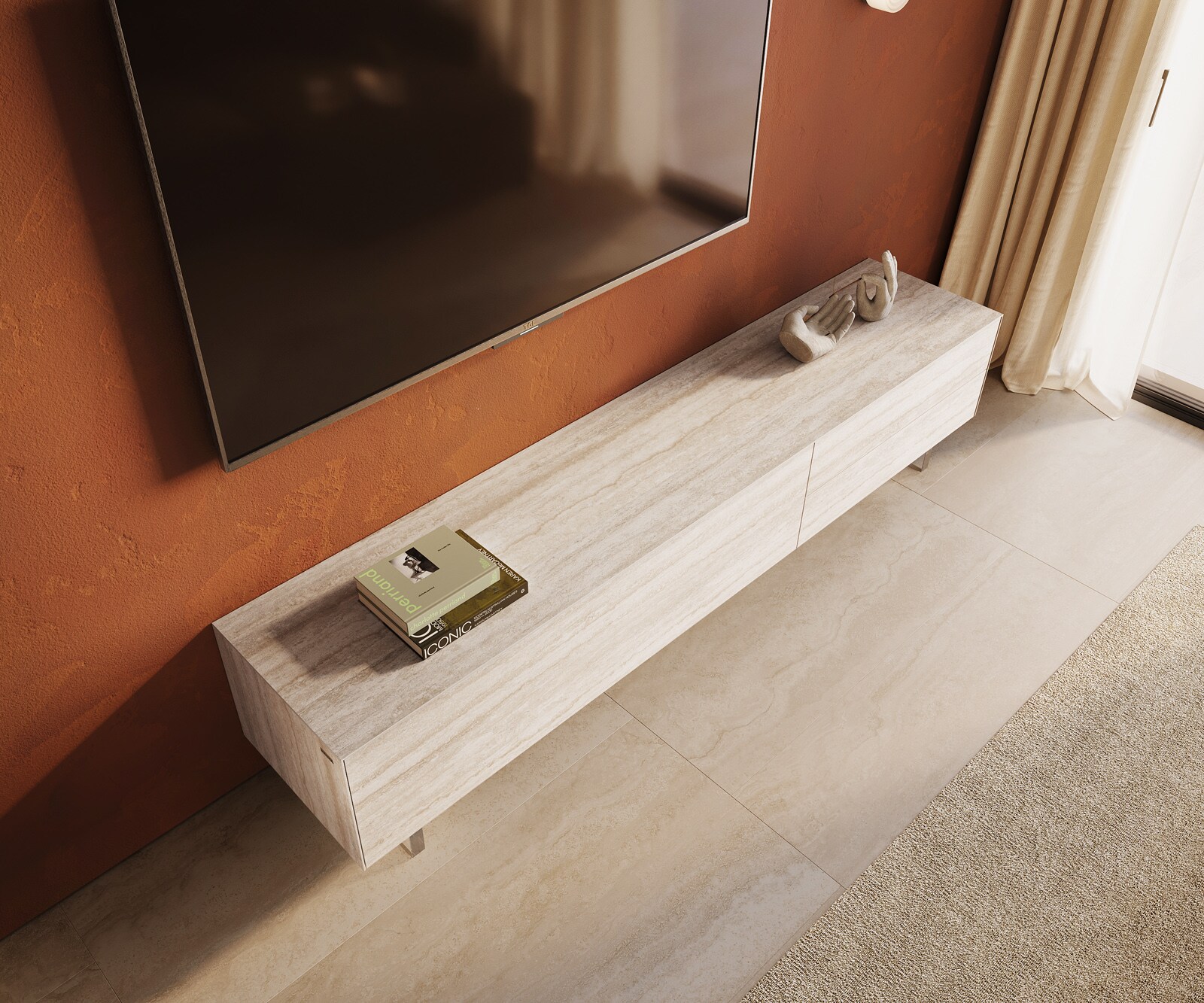 Meuble-TV Cuor 220 cm Céramique Laminam® Travertino Bianco Crème-blanc 1 Clapet 2 Tiroirs Pied optique flottant Verre acrylique 4