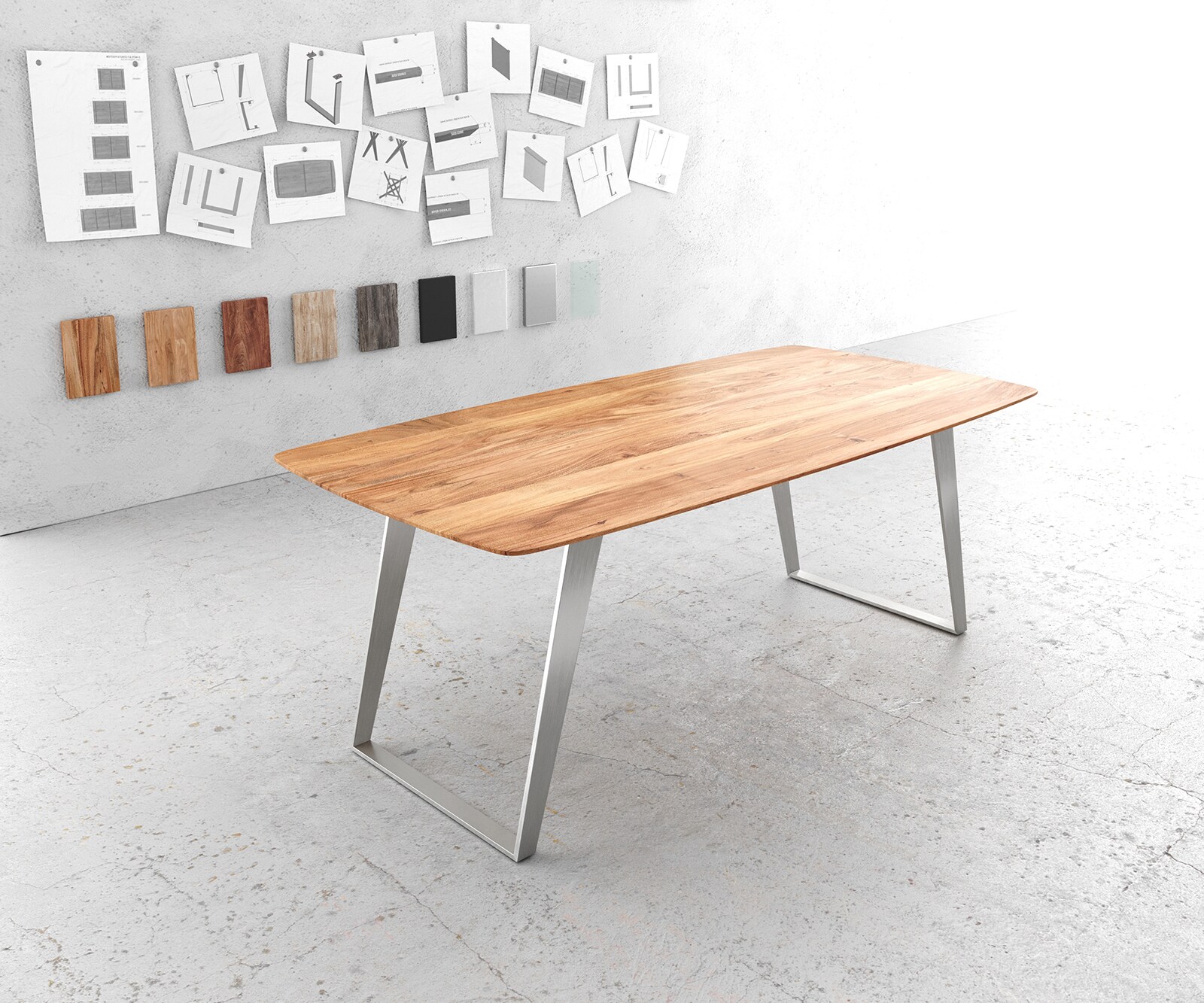 Table à manger Edge Boot 200x100 Acacia Naturel Inox inclinéee Bord Suisse 1
