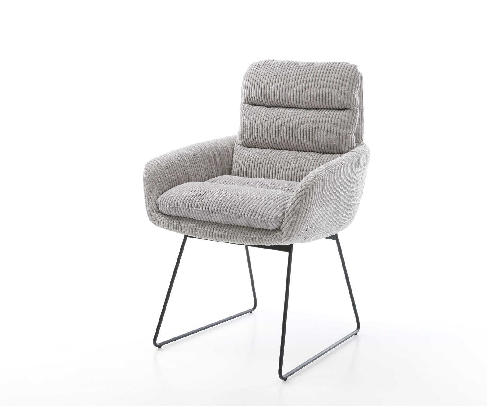 Chaise-de-salle-à-manger Abelia-Flex avec accoudoirs côtelé gris argenté pied trapèze noir