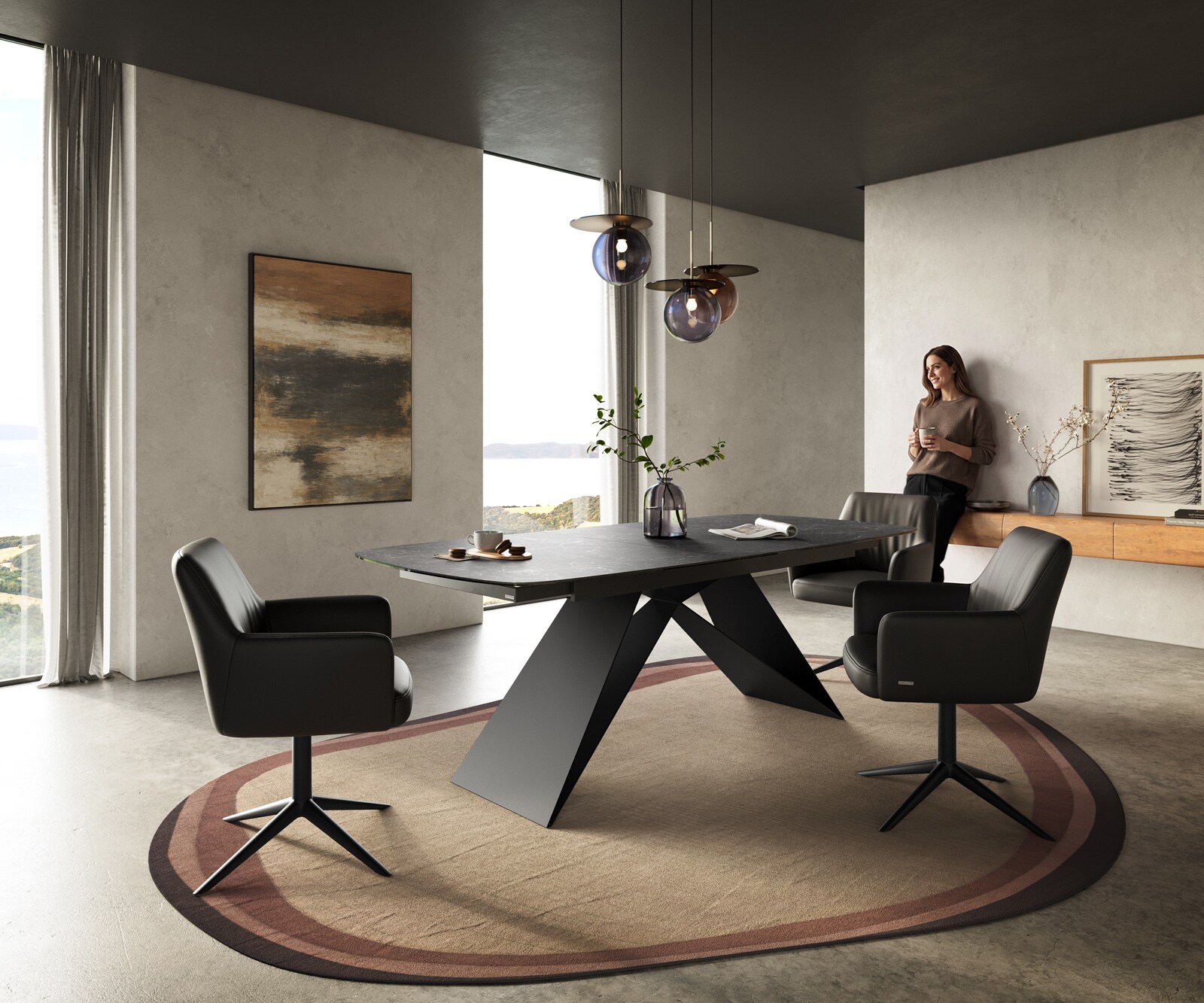 Table à manger Edge Boot 180-220x100 cm Céramique Laminam® Nero Greco Anthracite piètement en V Flachstahl Noir extensible 6
