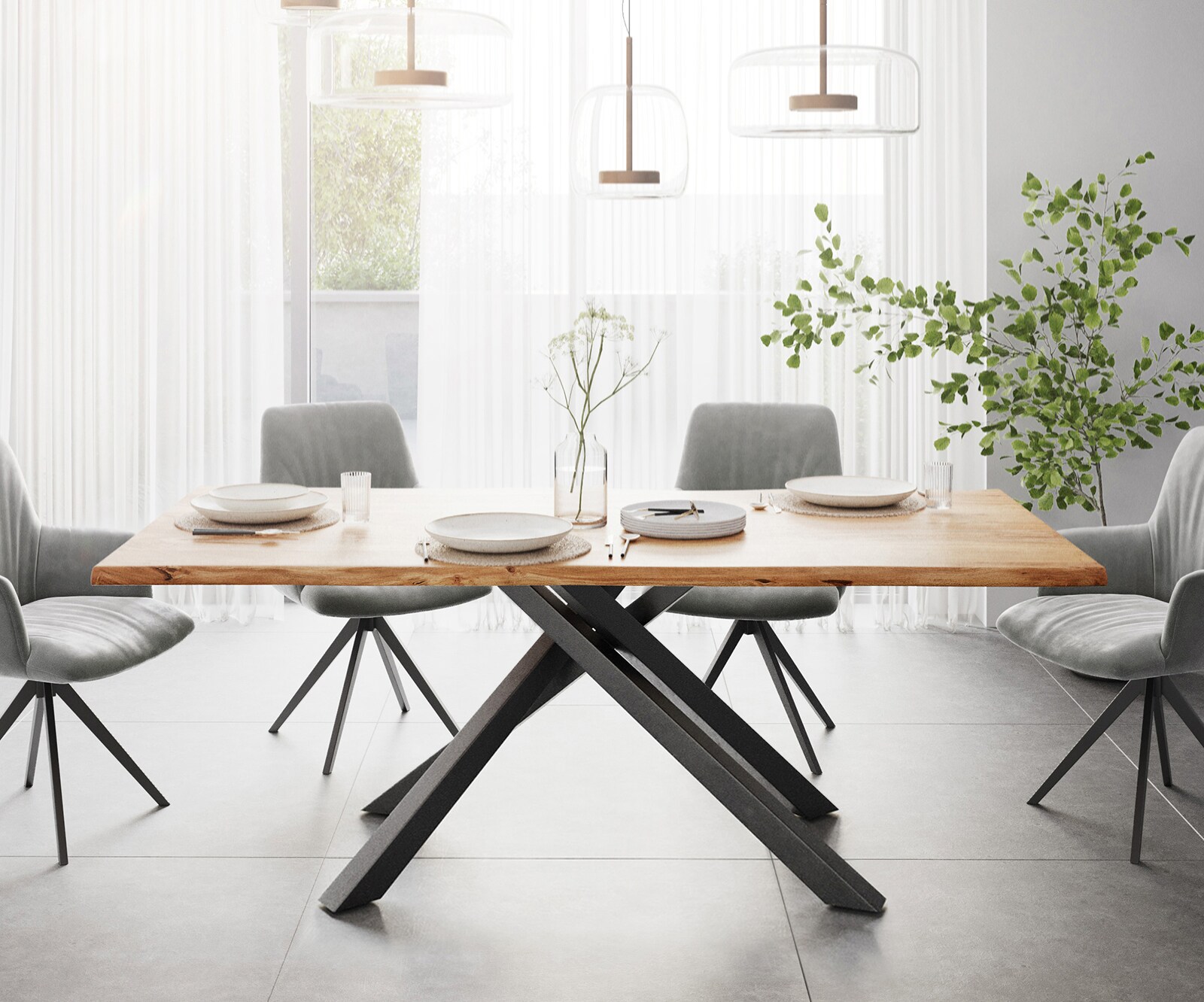 Table à manger Edge 200x100 acacia nature cadre croisé rectangle noir Live-Edge 1