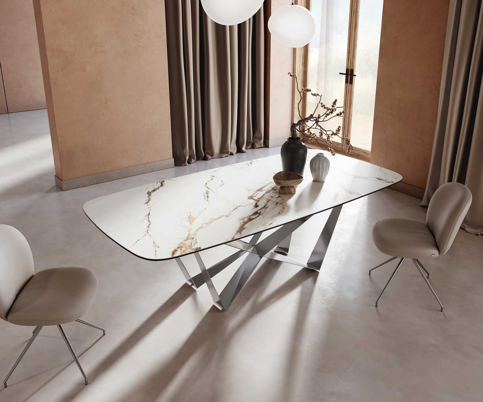 Table à manger Edge en forme de bateau 240x120 céramique Calacatta Luxe blanc-doré-gris Spider acier plat acier inoxydable 5