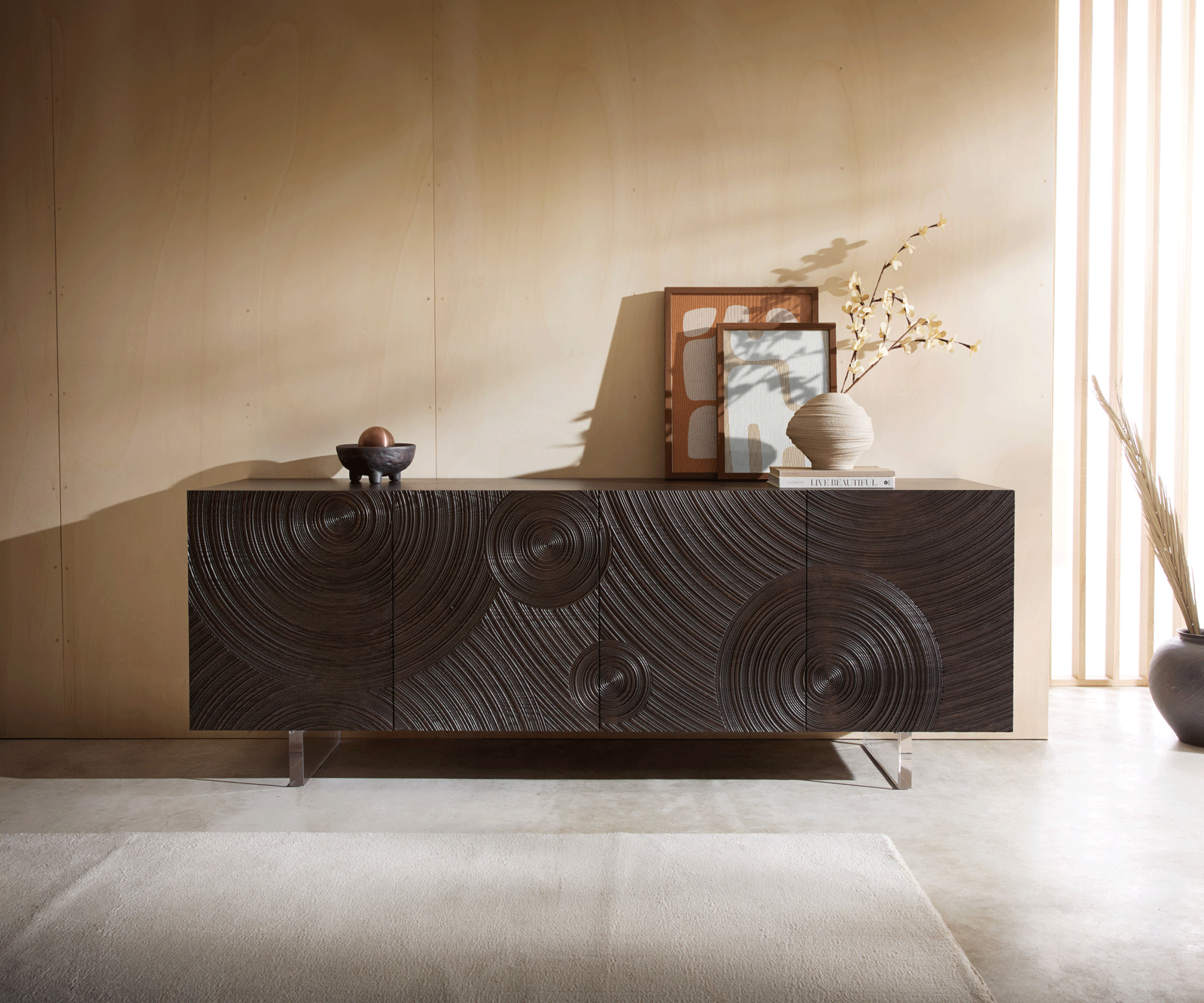 Buffet Ashara 200 cm Frêne brun foncé Effet 3D 4 portes Pieds suspendus Verre acrylique 4