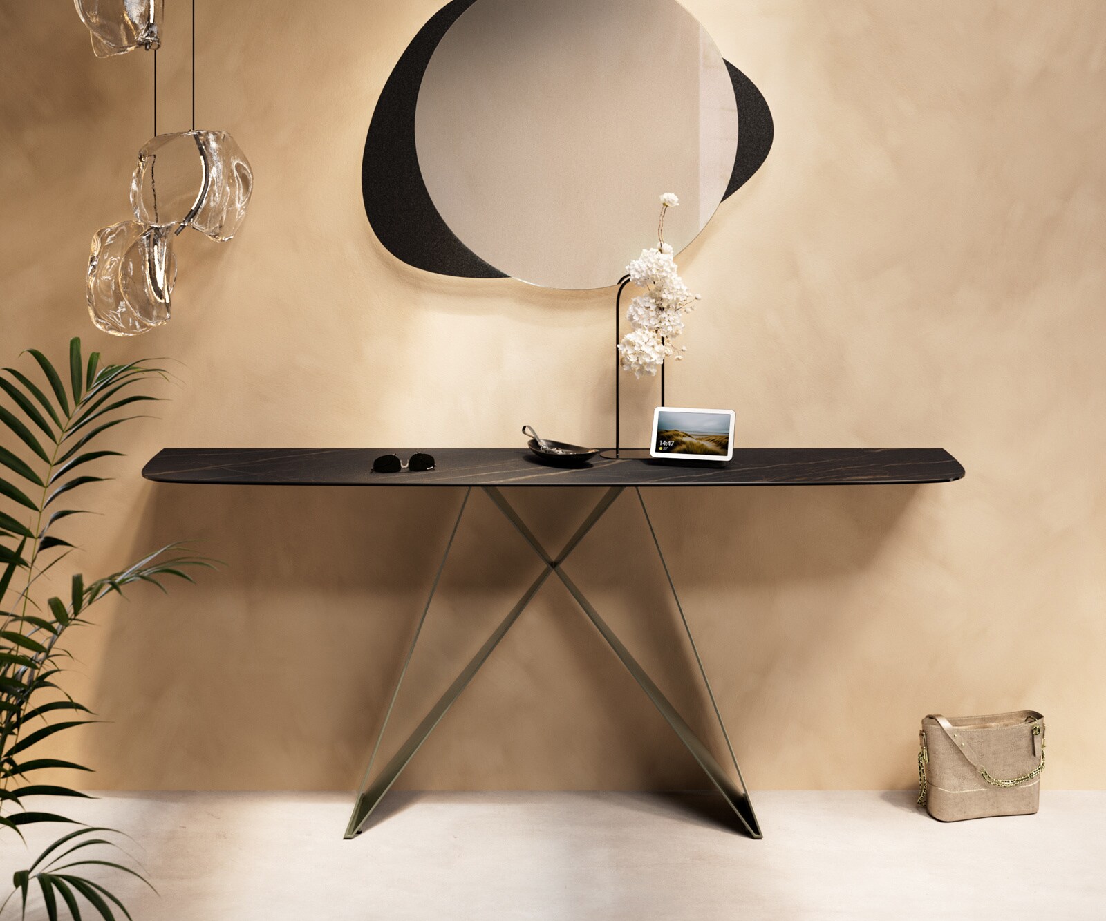Console Edge forme bateau 180x40 cm Céramique Laminam® Noir Desir Braun Velio Métal Effektfinish Titan 1