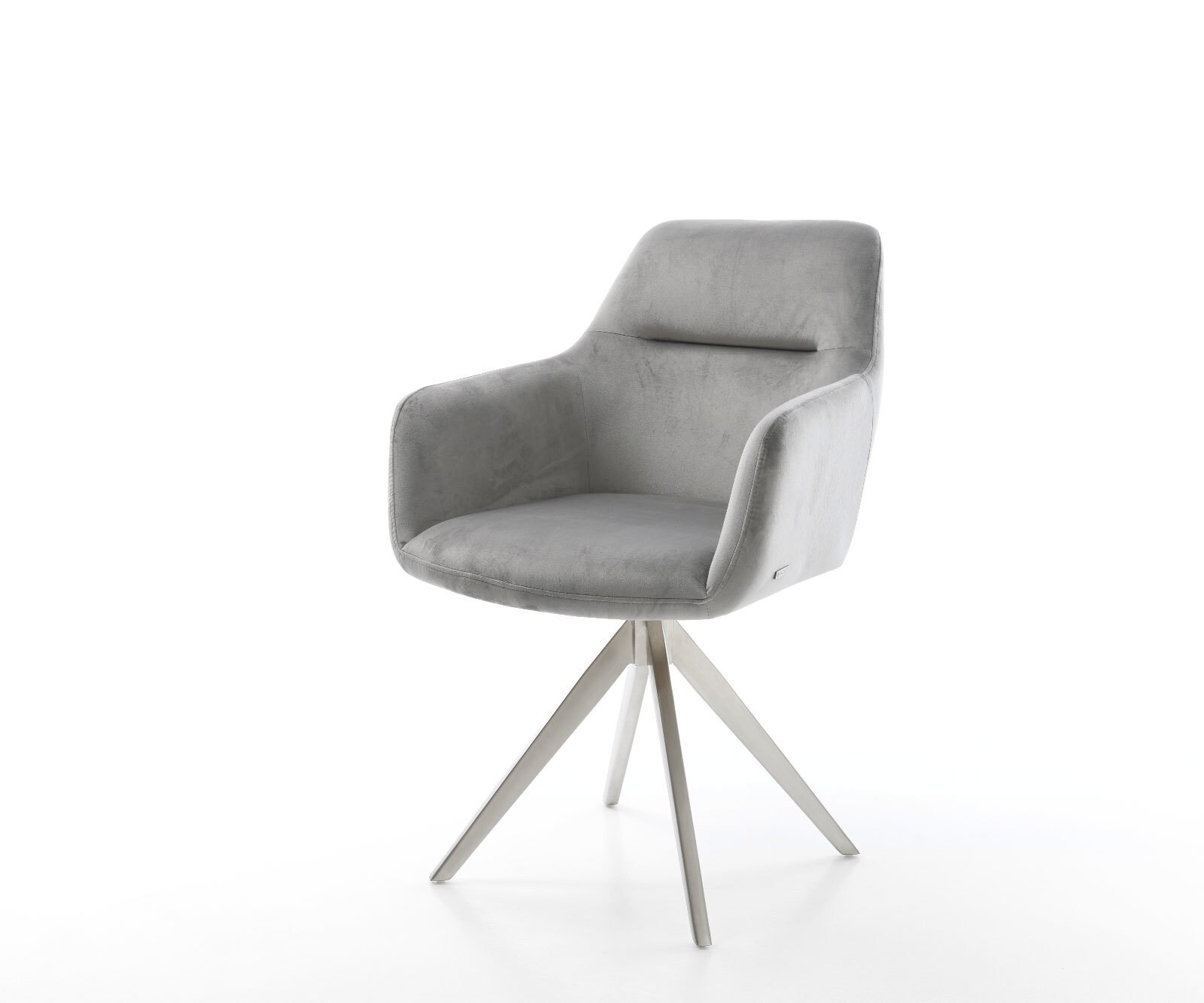 Chaise-de-salle-à-manger Pejo-Flex velours gris pied croisé angulaire acier inoxydable brossé ressorts ensachés