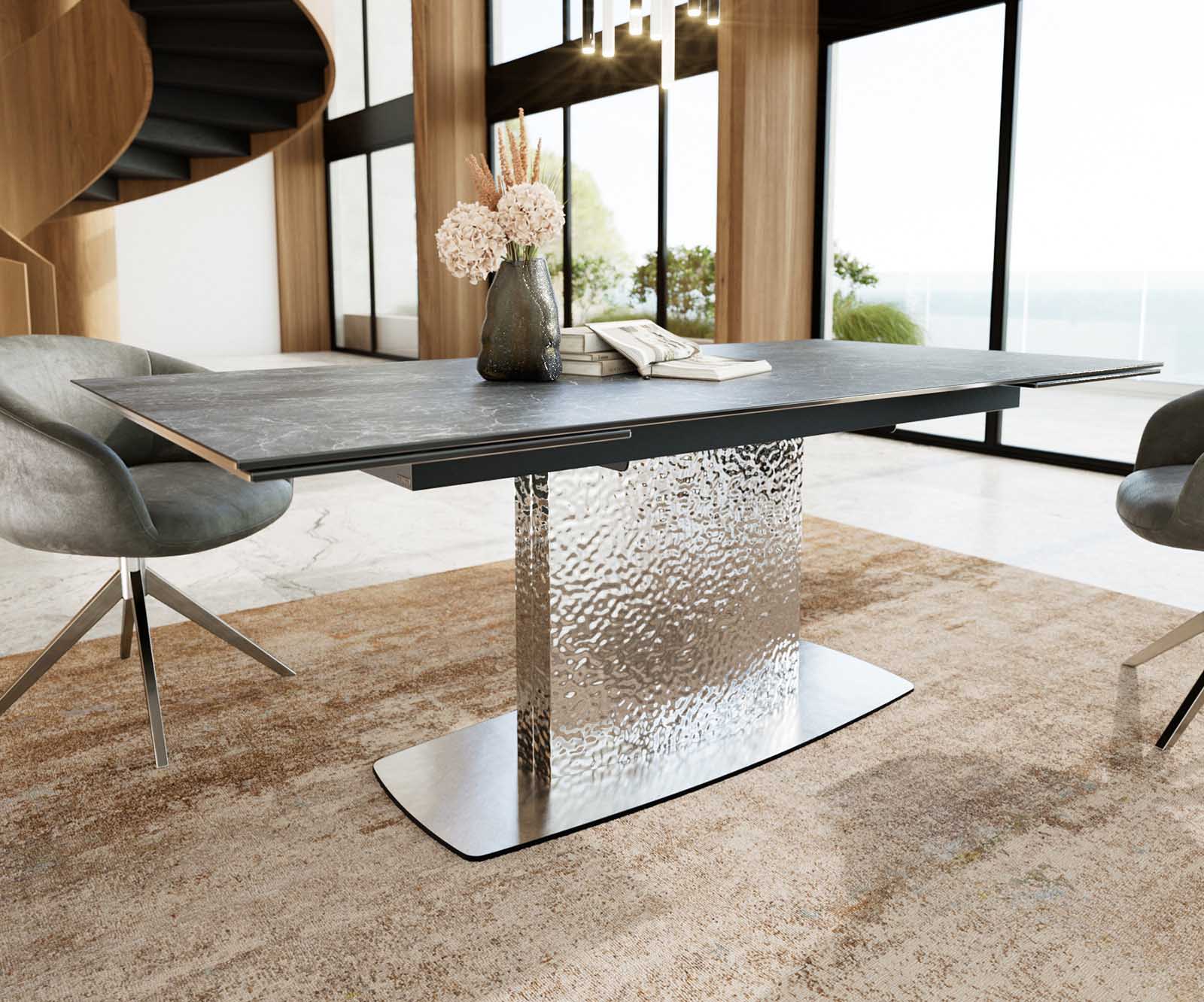 Table à manger Edge 200-300x100 céramique Laminam®Nero Greco gris Wave acier inoxydable extensible 4