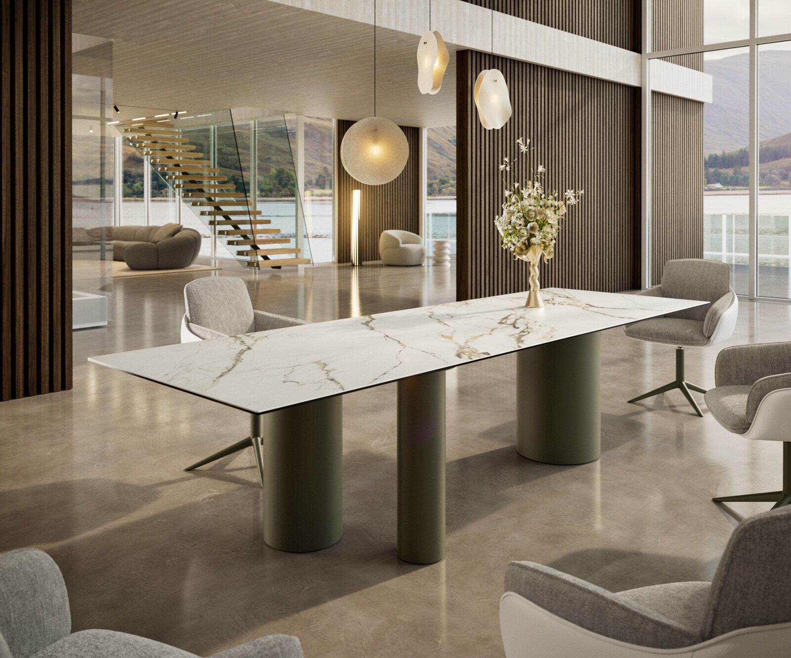 Table à manger Edge 300x100 Céramique Calacatta Luxe Blanc-Doré-Gris Troa Métal finition à effet Titane 1