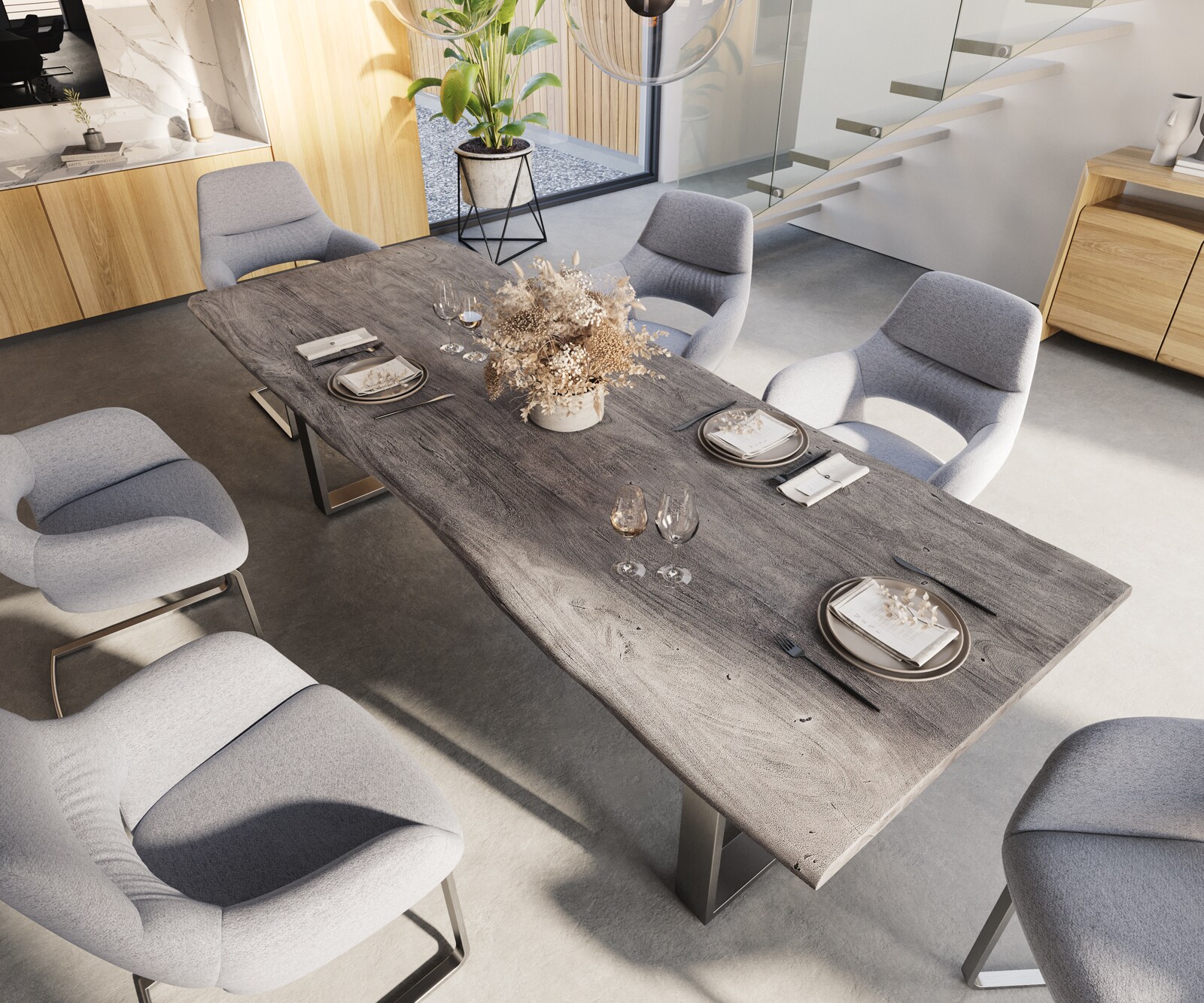 Table-à-manger Edge 260x100 acacia platine acier inoxydable mince Live-Edge 2 Table-à-manger Edge 260x100 acacia platine acier inoxydable mince Live-Edge 2