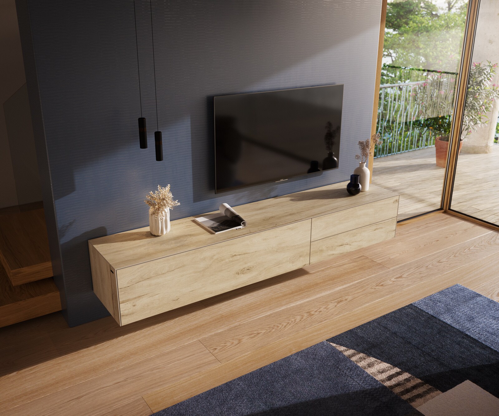 Meuble-TV Cuor 220 cm Céramique Laminam® Sabbia Teinte chêne 1 Clapet 2 Tiroirs Flottant 4