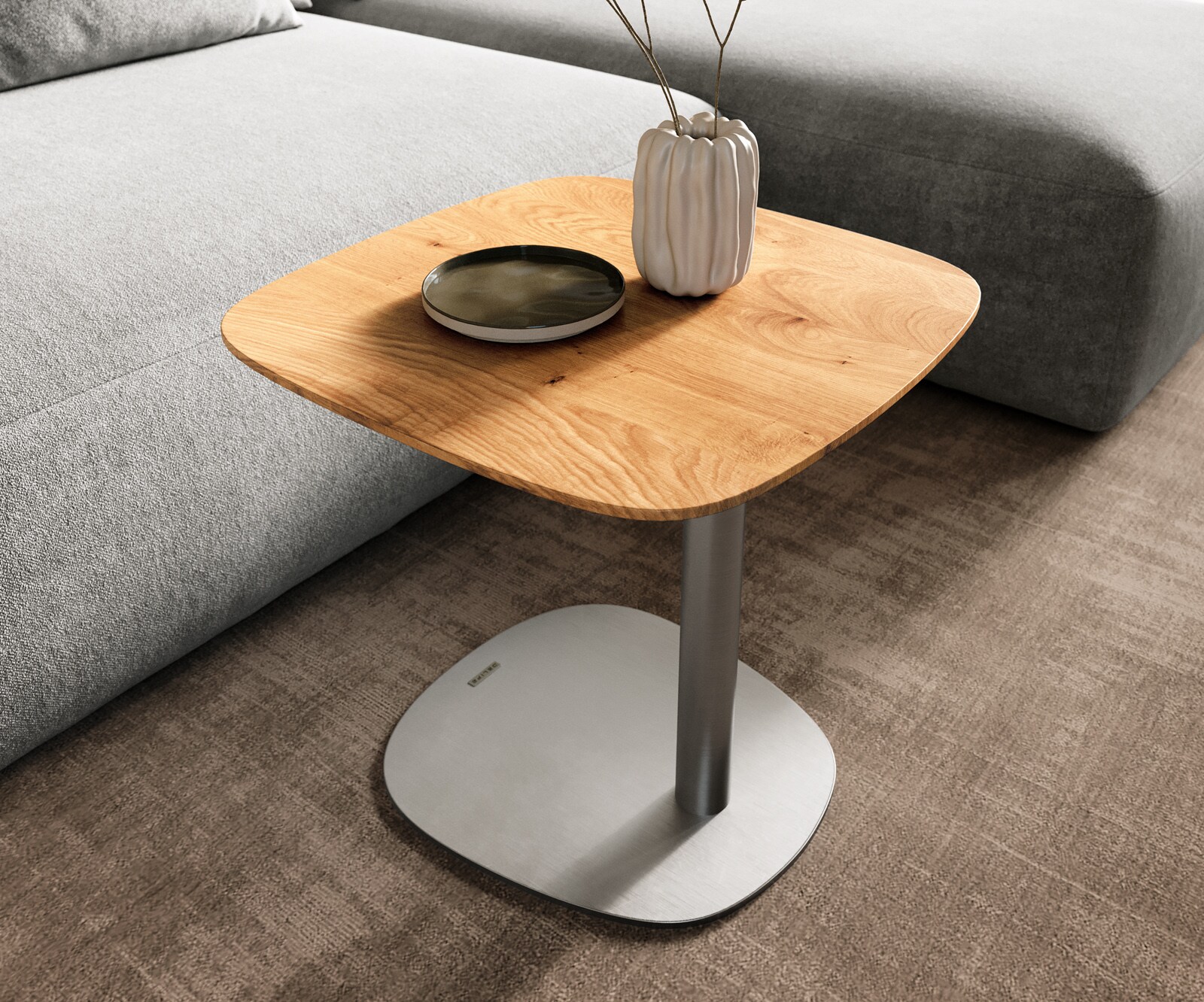 table d’appoint Edge Boot 50x50 cm chêne naturel bord suisse Eleny acier inoxydable brossé 5