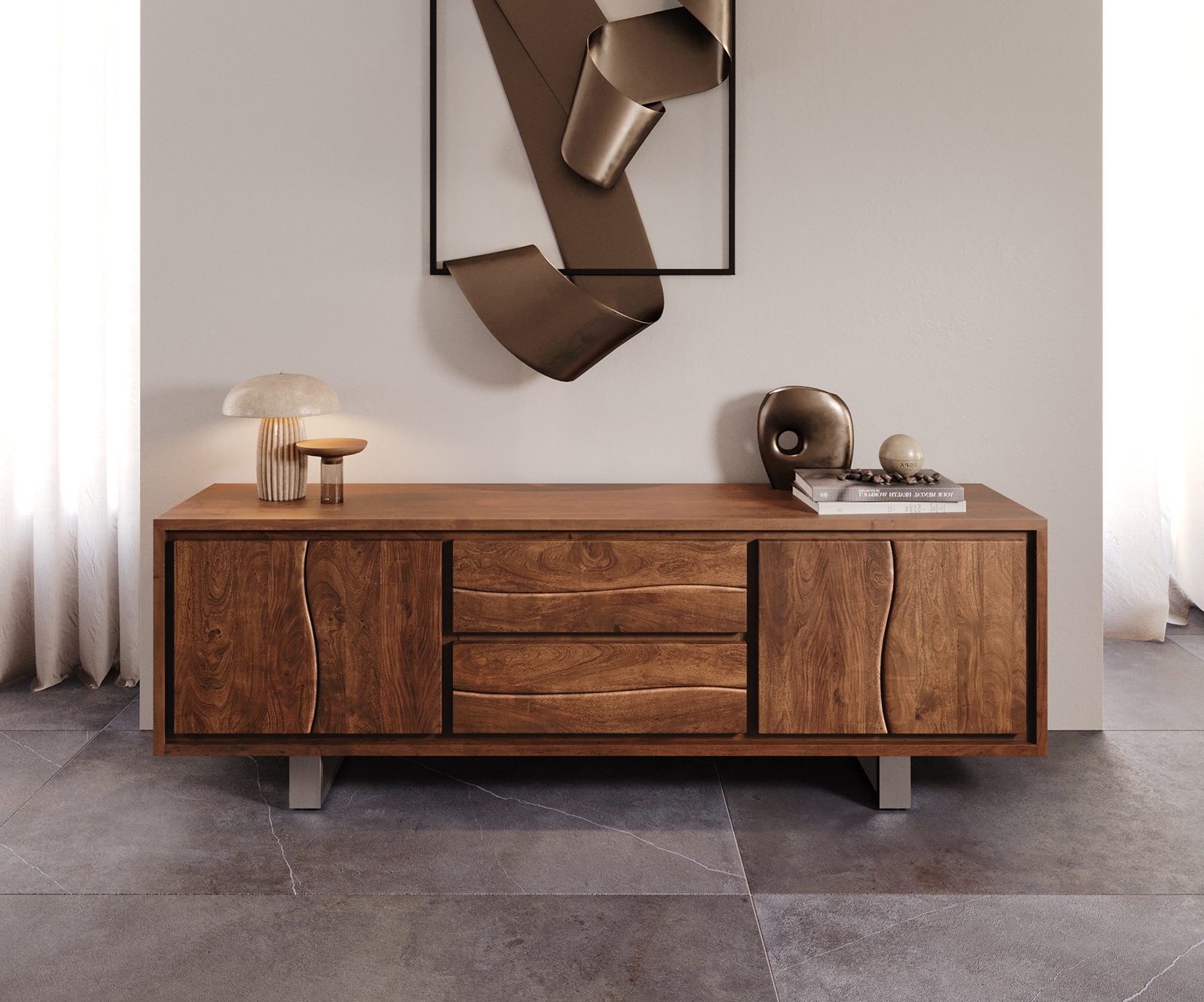 Meuble-TV Live-Edge 200 cm acacia marron 4 portes 2 tiroirs 1 Meuble-TV Live-Edge 200 cm acacia marron 4 portes 2 tiroirs 1