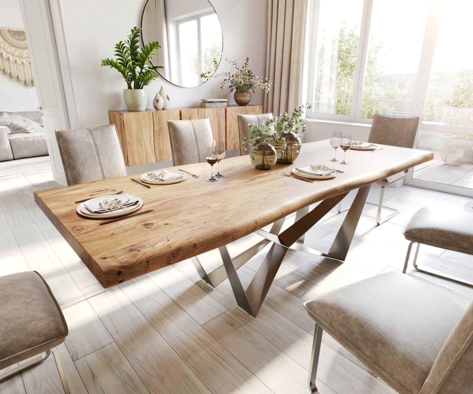 Table à manger Edge 260x100 XL acacia nature Spider acier plat acier inoxydable Live-Edge Table à manger Edge 260x100 XL acacia nature Spider acier plat acier inoxydable Live-Edge