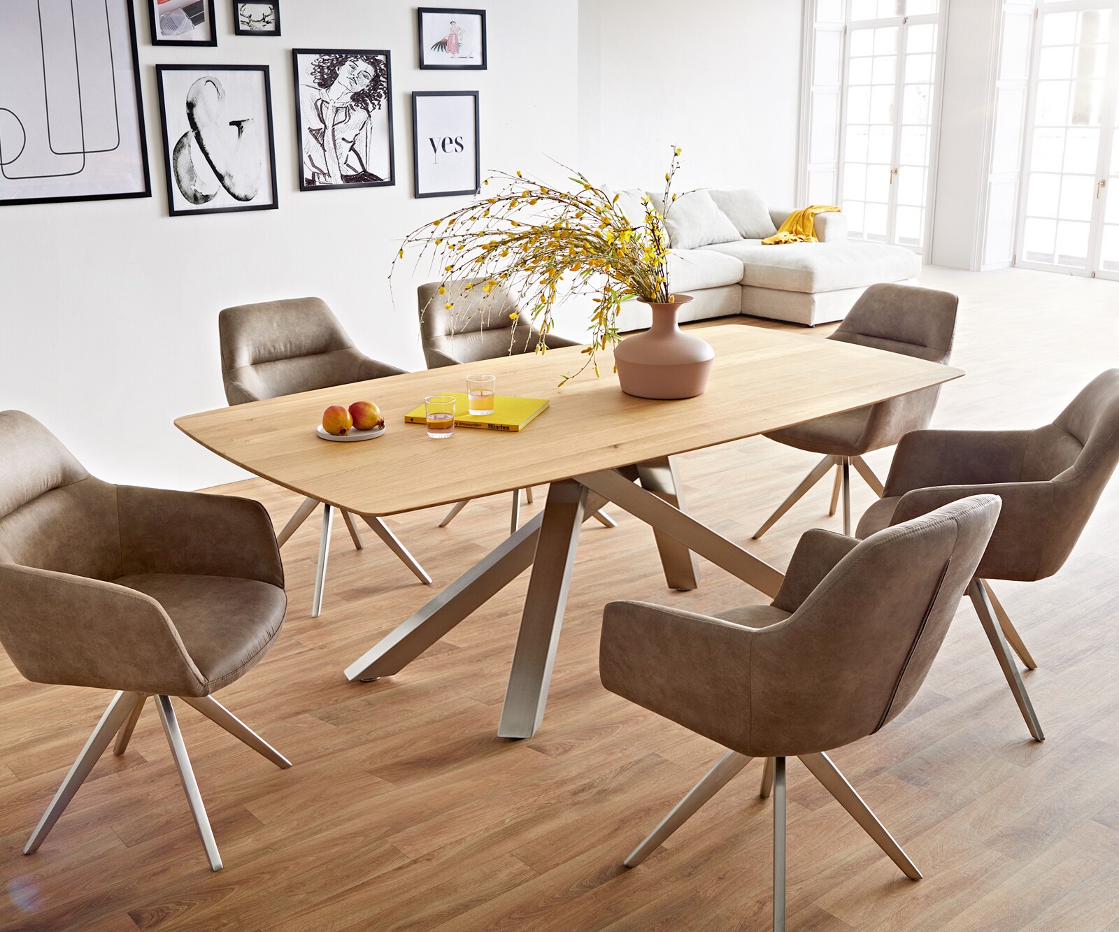 Table à manger Edge Boot 200x100x2,5-3 chêne nature cadre croisé rectangle acier inoxydable bord suisse 6