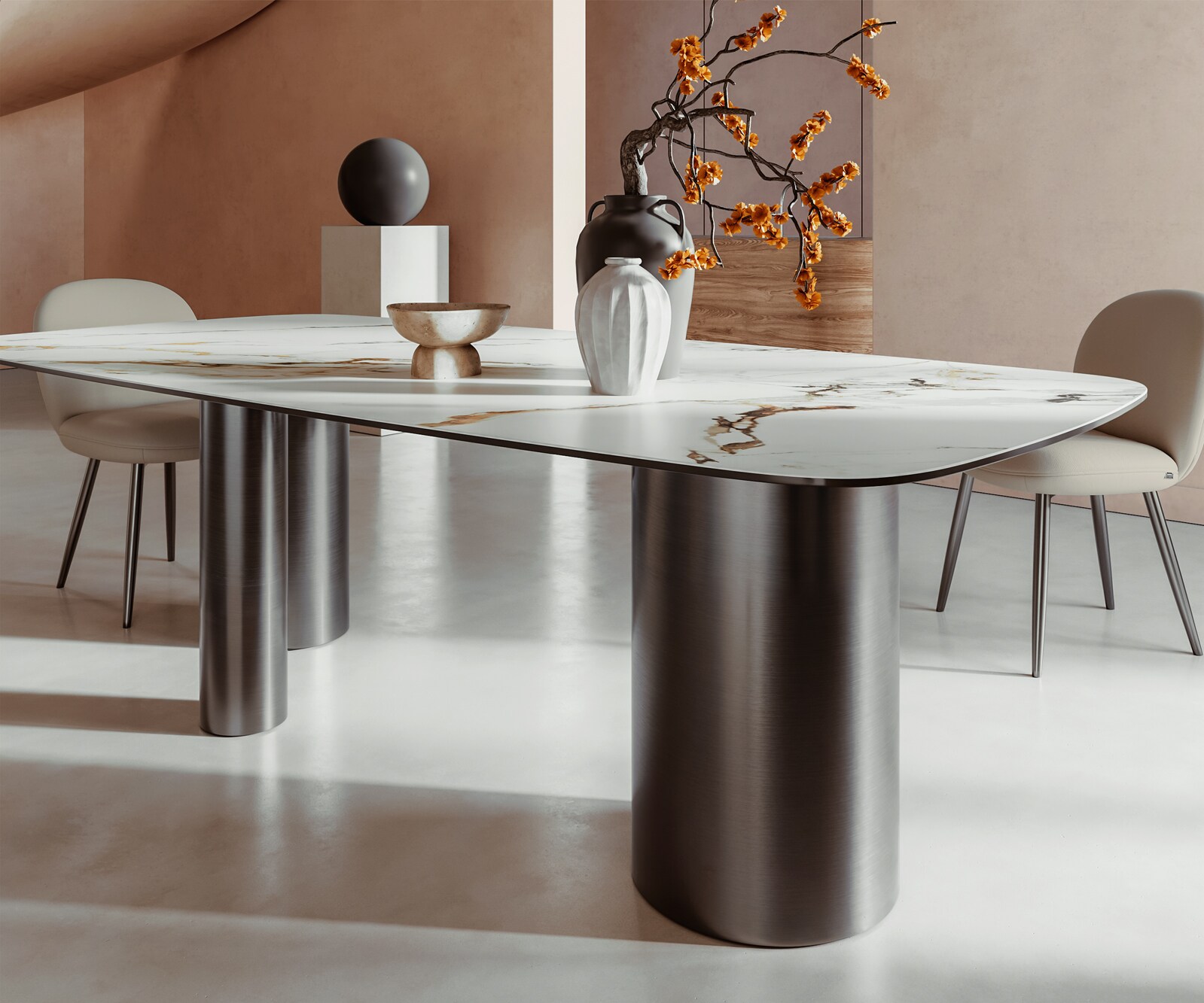 Table à manger Edge Boot 240x120 Céramique Calacatta Luxe Blanc-Doré-Gris Troa Acier inoxydable Graphite 6
