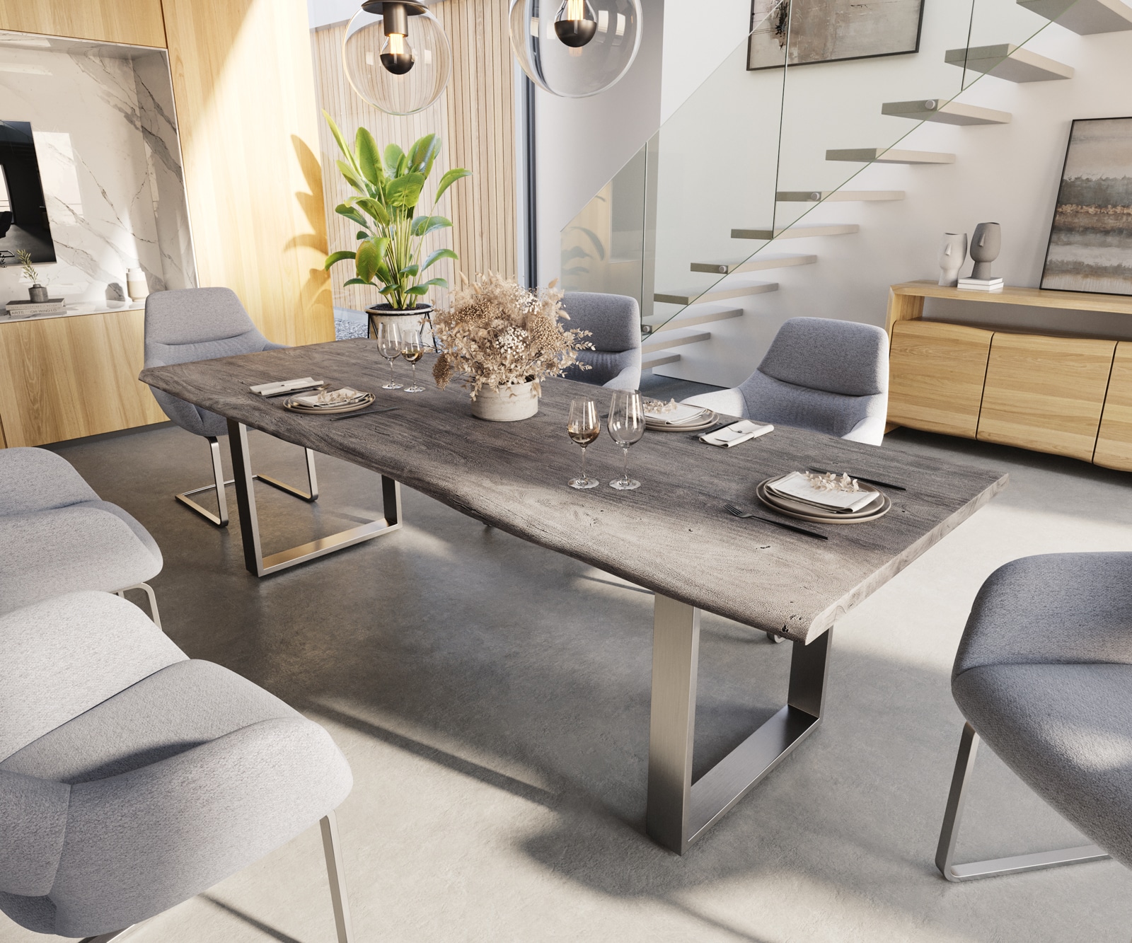 Table-à-manger Edge 260x100 acacia platine acier inoxydable mince Live-Edge Table-à-manger Edge 260x100 acacia platine acier inoxydable mince Live-Edge